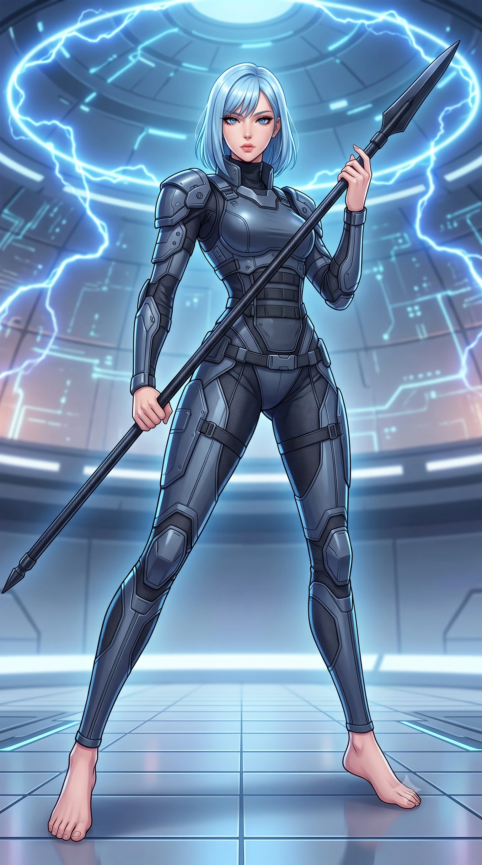 score_9, masterpiece, best quality, ultra-detailed, high-budget anime keyframe, editorial fashion photography, tasteful artistic composition, Korean woman. low angle full-body shot from head to toe showing her feet, filling the entire 9:16 vertical frame with her statuesque presence, stretching her vertical silhouette. standing in a dynamic combat stance with a carbon-fiber spear held diagonally, stretching her statuesque body, the background shows a soft-focus a cybernetic combat dome with electric blue plasma arcs dancing on the ceiling. She has an absolutely perfect, statuesque 8.5-heads proportion, an exceptionally tall and slender model-like female figure with impossibly long slender legs and an ultra-slim waist. sharp v-shaped jawline, high-bridge nose, intricate jewel-like eyes with depth, thick eyelashes, glossy lips with a natural sheen. wearing a form-contouring futuristic combat uniform with structured shoulder armor plates, worn over a high-collar ballistic vest and trousers. pulsing electric blue plasma arc lighting casting dynamic highlights from above. highly saturated vibrant anime colors, detailed shading with soft gradients, rich glossy textures, high-contrast stereoscopic depth, volumetric dynamic lighting, master piece, 9:16 ratio