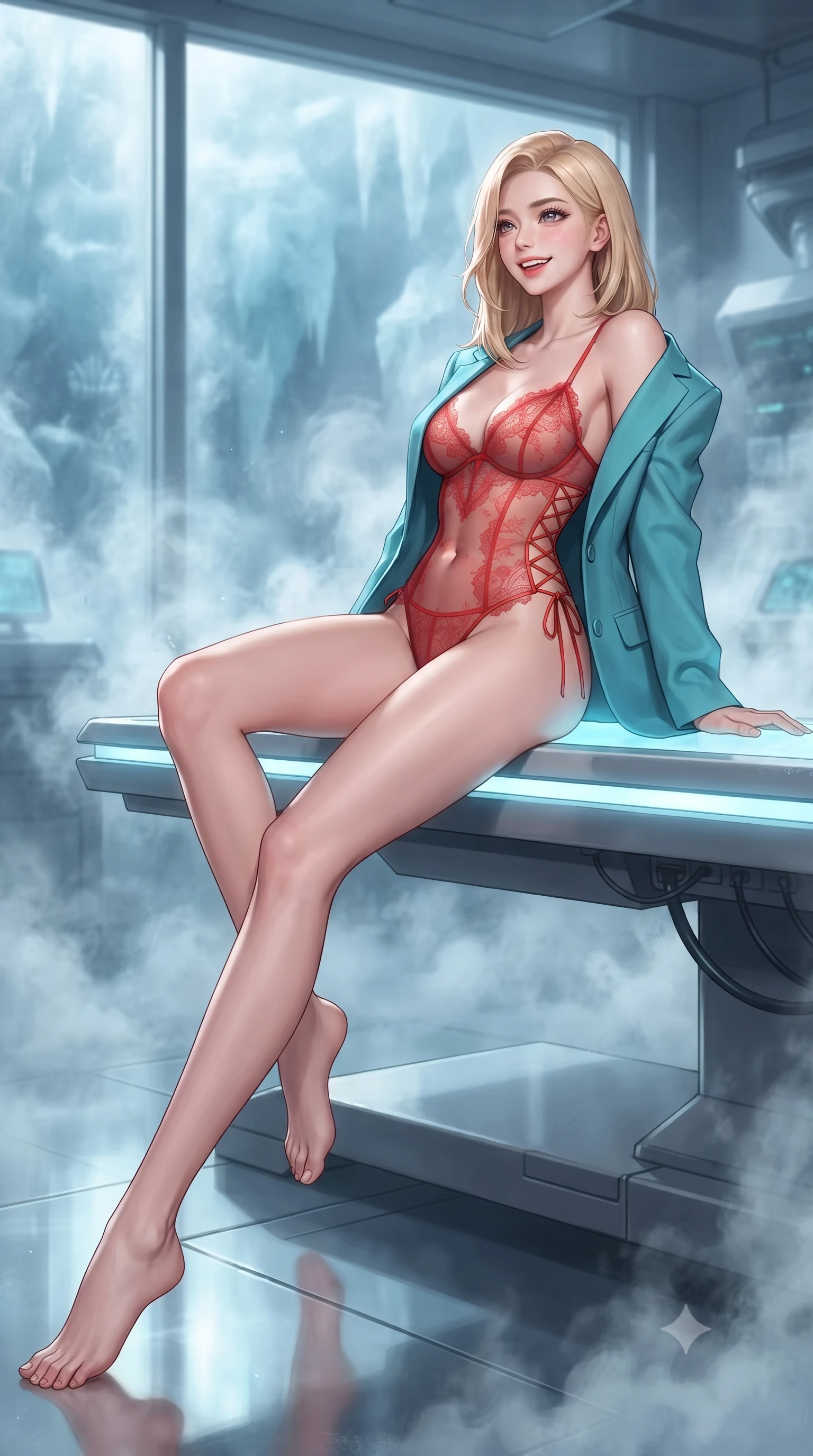 score_9, masterpiece, best quality, ultra-detailed, high-budget anime keyframe, editorial fashion photography, tasteful artistic composition, Korean woman. low angle full-body shot from head to toe showing her feet, filling the entire 9:16 vertical frame with her statuesque presence, stretching her vertical silhouette. posing in a classic haute-couture S-curve stance beside the floor-to-ceiling window, looking over a bare shoulder with magnetic presence while reclining gracefully on the heated laboratory recovery bench with legs extended, displaying her long slender limbs and statuesque hourglass silhouette against the frozen glacial vault. The background shows a soft-focus dense cryogenic frost mist softened in secret sub-ice laboratory shallow focus. She has an exceptionally tall and slender model-like 8.5-heads proportion, an ultra-slim waist, a flat toned midriff, narrow delicate ribcage, and beautifully sculpted feminine hips creating a graceful, slim hourglass silhouette without any bulky heaviness, with impossibly long slender legs. sharp v-shaped jawline, high-bridge nose, intricate jewel-like sparkling eyes with depth, thick eyelashes, glossy parted lips with a natural peach sheen, bright cheerful beaming smile with an enchanting and coquettish sensual glint, exuding both youthful cute charm and seductive allure, flawlessly proportioned anatomical accuracy, strict slender model proportions, natural body alignment, perfectly sculpted long slender limbs, ultra-slim waistline, clean dynamic posture without body distortion. wearing a delicate sheer French Chantilly lace teddy layered under an open tailored tactical combat blazer draped over bare shoulders in cyber-shinto vermilion and laser turquoise, made of delicate semi-sheer French Chantilly lace with intricate eyelash edges, featuring fine criss-cross lace-up side ties revealing tantalizing glimpses of her hip curve, the form-contouring silhouette accentuating her sculpted flat midriff, narrow delicate ribcage, and gracefully curvy hips with intoxicating allure. illuminated by polished floor reflection bounce and sharp frost-cyan rim lights defining her razor-sharp jawline, narrow waist, and curvy hips. ultra-reflective glossy finish, specular highlights, rich textural contrasts, high-contrast stereoscopic depth, volumetric dynamic lighting, 2k, ultra detail, master piece, 9:16 ratio