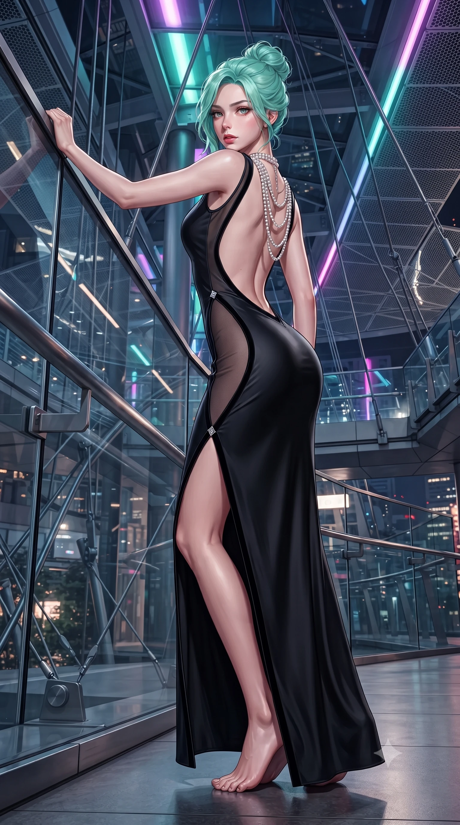 score_9, masterpiece, best quality, ultra-detailed, high-budget anime keyframe, editorial fashion photography, tasteful artistic composition, Japanese woman. low angle full-body shot from head to toe showing her feet, filling the entire 9:16 vertical frame with her statuesque presence, stretching her vertical silhouette. leaning deep against the structural architecture with hips cocked in an unapologetically bold, seductive high-fashion stance while executing an elegant mid-motion turn as night winds whip her high-slit dress, her statuesque vertical presence dominating the futuristic panorama. The surrounding environment is rendered in vivid detail and crisp panoramic clarity. sharp skyway glass panel joints, stainless steel suspension cables, and futuristic architectural mesh in deep focus. She has an exceptionally tall and slender model-like 8.5-heads proportion, an ultra-slim waist, a flat toned midriff, narrow delicate ribcage, and beautifully sculpted feminine hips creating a graceful, slim hourglass silhouette without any bulky heaviness, with impossibly long slender legs. sharp v-shaped jawline, high-bridge nose, intricate jewel-like eyes with depth, thick eyelashes, glossy parted lips with a natural sheen, intensely captivating and seductive bedroom-eyes expression, flawlessly proportioned anatomical accuracy, strict slender model proportions, natural body alignment, perfectly sculpted long slender limbs, ultra-slim waistline, clean dynamic posture without body distortion. wearing a second-skin black silk jersey maxi dress with asymmetrical sheer mesh side panels tracing the full curve of her hip in pitch-black velvet with diamond crystal trim, crafted from second-skin supple lambskin leather with liquid drape, accented with a multi-strand pearl back necklace cascading down her bare spine to her hips, the dramatically scooped open back descending to the base of her spine, accentuating her razor-sharp statuesque lines and slim hourglass silhouette. bathed in dynamic color-shifting LED canopy lights from above and ambient city skyline uplights. ultra-reflective glossy finish, specular highlights, rich textural contrasts, high-contrast stereoscopic depth, volumetric dynamic lighting, 2k, ultra detail, master piece, 9:16 ratio