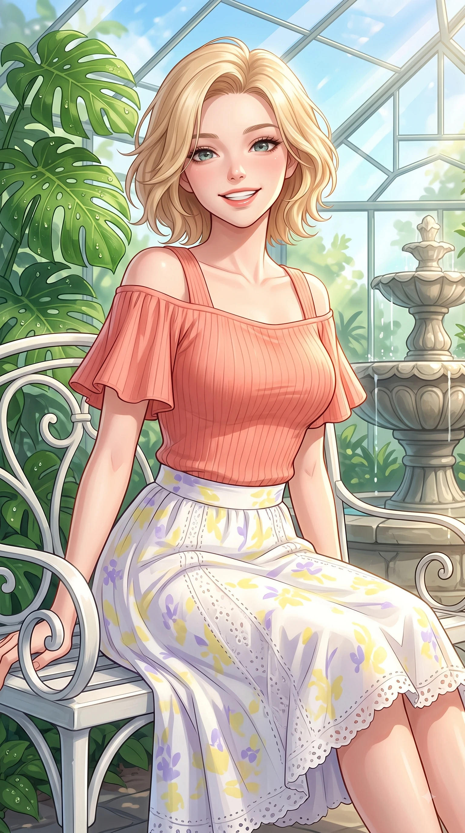 score_9, masterpiece, best quality, ultra-detailed, high-budget anime keyframe, editorial fashion photography, tasteful artistic composition, Caucasian woman. close-up cowboy shot from the waist and thighs up, the character dominates the composition, filling the frame with her large presence. Youthful bright smile exuding pure cute charm and fresh energy, her torso turning dynamically into the lens while sitting on a classic white iron bench in a sun-drenched glasshouse surrounded by emerald greenery. The surrounding environment is rendered in vivid detail and crisp panoramic clarity. dewdrops on Monstera leaves, stone fountain details, and clear glass geometric panels rendered in crisp resolution. She has an exceptionally elegant, slender, and willowy female figure with an ultra-slim waist, a gracefully sculpted slender torso, and a refined silhouette. sharp v-shaped jawline, high-bridge nose, intricate jewel-like eyes with depth, thick eyelashes, glossy lips with a natural sheen, flawlessly proportioned anatomical accuracy, natural body alignment, perfectly sculpted elegant limbs, clean dynamic posture without body distortion. wearing a soft coral off-shoulder ribbed knit top paired with a flowy white A-line midi skirt in soft lemon yellow and lavender violet, woven with delicate eyelet lace and soft cotton, featuring elegant flutter sleeves and a graceful square neckline, the relaxed yet flattering fit accentuating her naturally graceful and slender figure. surrounded by a peaceful, sun-drenched, and healing greenhouse atmosphere. highly saturated vibrant anime colors, detailed shading with soft gradients, rich glossy textures, high-contrast stereoscopic depth, volumetric dynamic lighting, master piece, 9:16 ratio