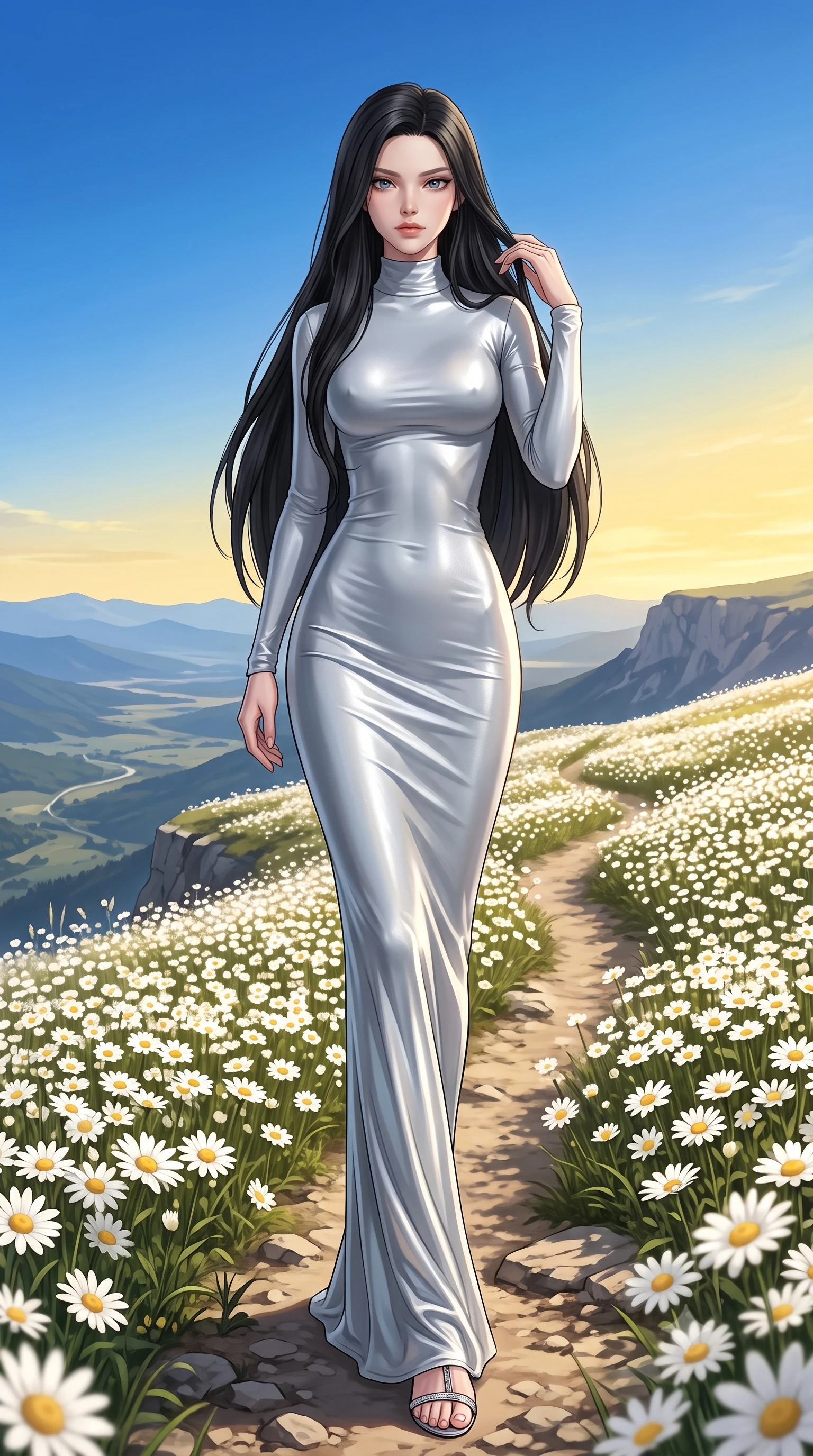 score_9, masterpiece, best quality, ultra-detailed, high-budget anime keyframe, editorial fashion photography, tasteful artistic composition, Korean woman woman. low angle full-body shot from head to toe showing her feet, filling the entire 9:16 vertical frame with her statuesque presence, stretching her vertical silhouette. standing proud on a scenic cliff overlooking the valley, her silhouette framed by the golden sky the background shows a soft-focus a simple dirt path through a vast field of blooming white daisies. She has an absolutely perfect, statuesque 8.5-heads proportion, an exceptionally tall and slender model-like female figure with impossibly long slender legs and an ultra-slim waist. sharp v-shaped jawline, high-bridge nose, intricate jewel-like eyes with depth, thick eyelashes, glossy lips with a natural sheen. wearing a body-hugging form-fitting high-neck maxi dress in liquid silver jersey, clinging to her slender frame. bright and cheerful midday sun painting the sky in deep blue. 2k, ultra detail, master piece, 9:16 ratio