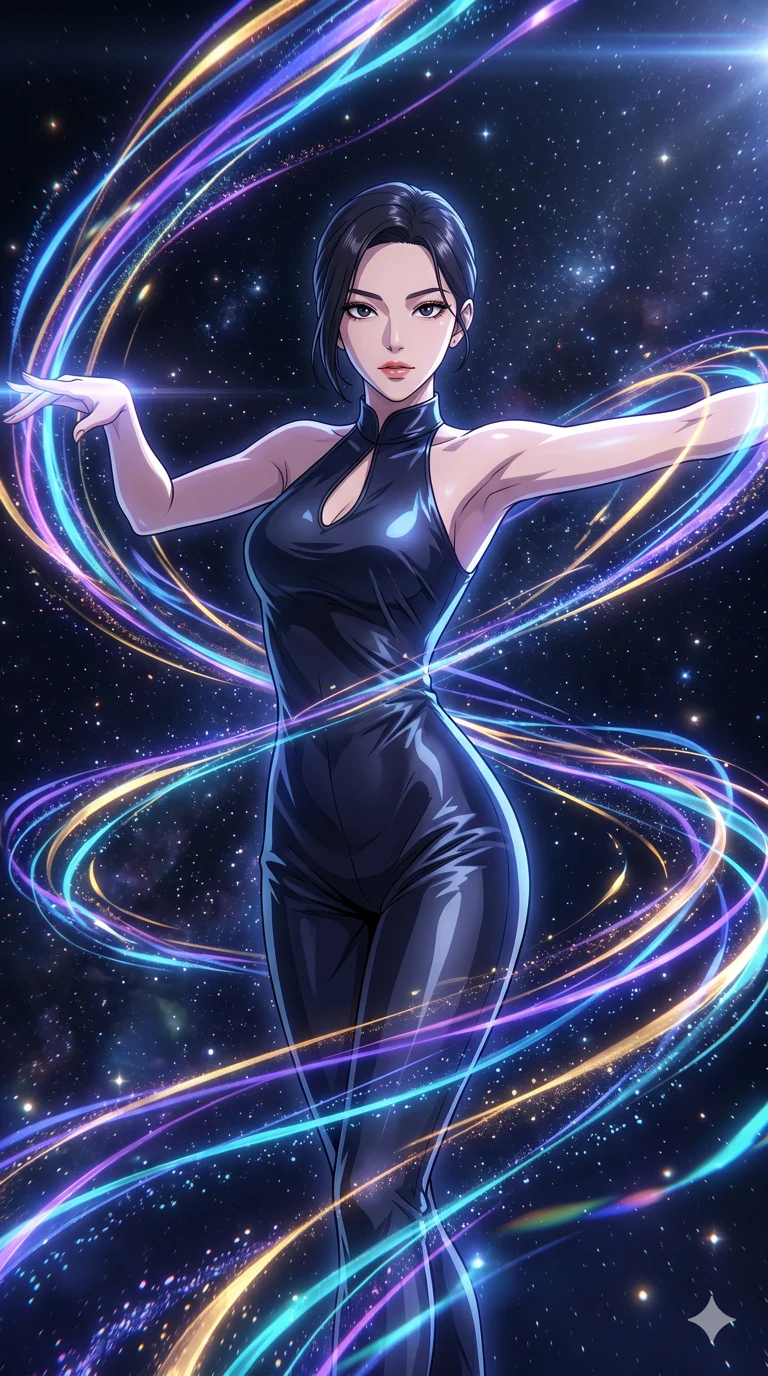 score_9, masterpiece, best quality, ultra-detailed, High-budget Anime Keyframe, vibrant colors, fluid line-art, expressive lighting, cinematic composition, Ufotable-style visual effects, top-tier animation quality, Korean woman with idol-like refined features. Medium shot from the thighs up, her commanding presence occupying two-thirds of the frame. Dancing amidst a storm of glowing ribbons that trail behind her every movement. She has an absolutely perfect 8-heads proportion, an exceptionally tall and slender female figure with impossibly long slender legs and an ultra-slim waist, her statuesque height and towering silhouette dominating the vertical 9:16 frame. Her face is a masterpiece featuring a sharp v-shaped jawline, high-bridge nose, intricate jewel-like eyes with depth, thick eyelashes, and glossy lips with a natural sheen. She is wearing a Sleek liquid-silk jumpsuit that clings to her frame, with a high collar and a small strategic teardrop cutout. The scene is set in a starlit void where ribbons of light serve as the only paths. 2k, ultra detail, master piece, 9:16 ratio