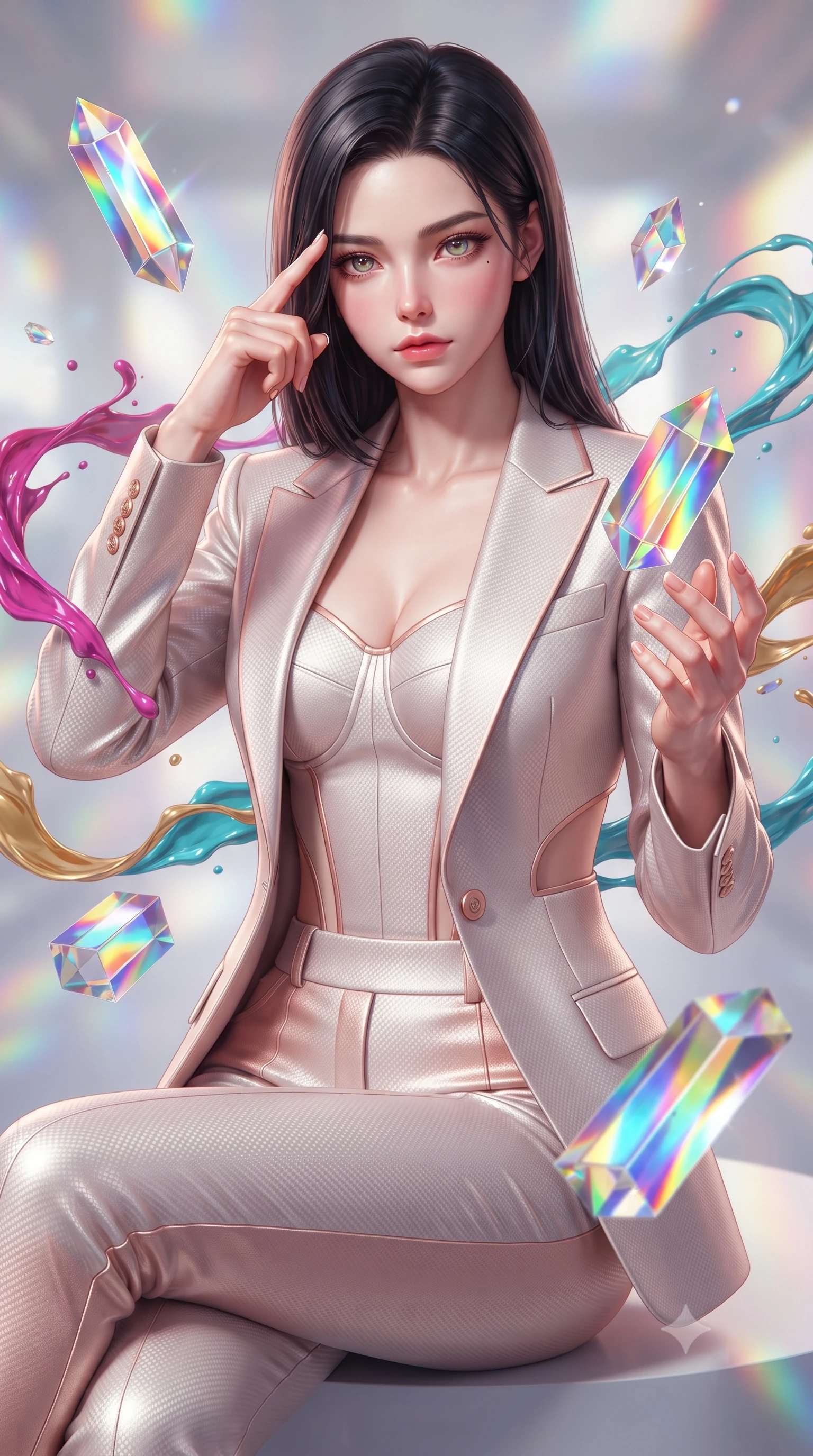 score_9, masterpiece, best quality, ultra-detailed, high-budget anime keyframe, editorial fashion photography, tasteful artistic composition, Korean woman. close-up cowboy shot from the waist and thighs up, the character dominates the composition, filling the frame with her large presence, background elements kept in soft focus. Pressing two fingers to her temple in a composed thoughtful gesture with an air of magnetic charisma interacting with floating glass prisms that refract liquid light into rainbows, swirling ribbons of magenta, turquoise, and gold liquid paint in zero-gravity. She has an exceptionally elegant, slender, and willowy female figure with an ultra-slim waist, a gracefully sculpted slender torso, and a refined silhouette. sharp v-shaped jawline, high-bridge nose, intricate jewel-like eyes with depth, thick eyelashes, glossy lips with a natural sheen. wearing a tailored silk blazer over a form-contouring top and fitted slacks in pearl white and rose gold, made of fine carbon-fiber weave and soft matte leather, featuring clean architectural cutouts along her slender torso, the sleek second-skin texture accentuating her magnetic presence. illuminated by brilliant multi-color rainbow light refracting through glass. highly saturated vibrant anime colors, detailed shading with soft gradients, rich glossy textures, high-contrast stereoscopic depth, volumetric dynamic lighting, master piece, 9:16 ratio