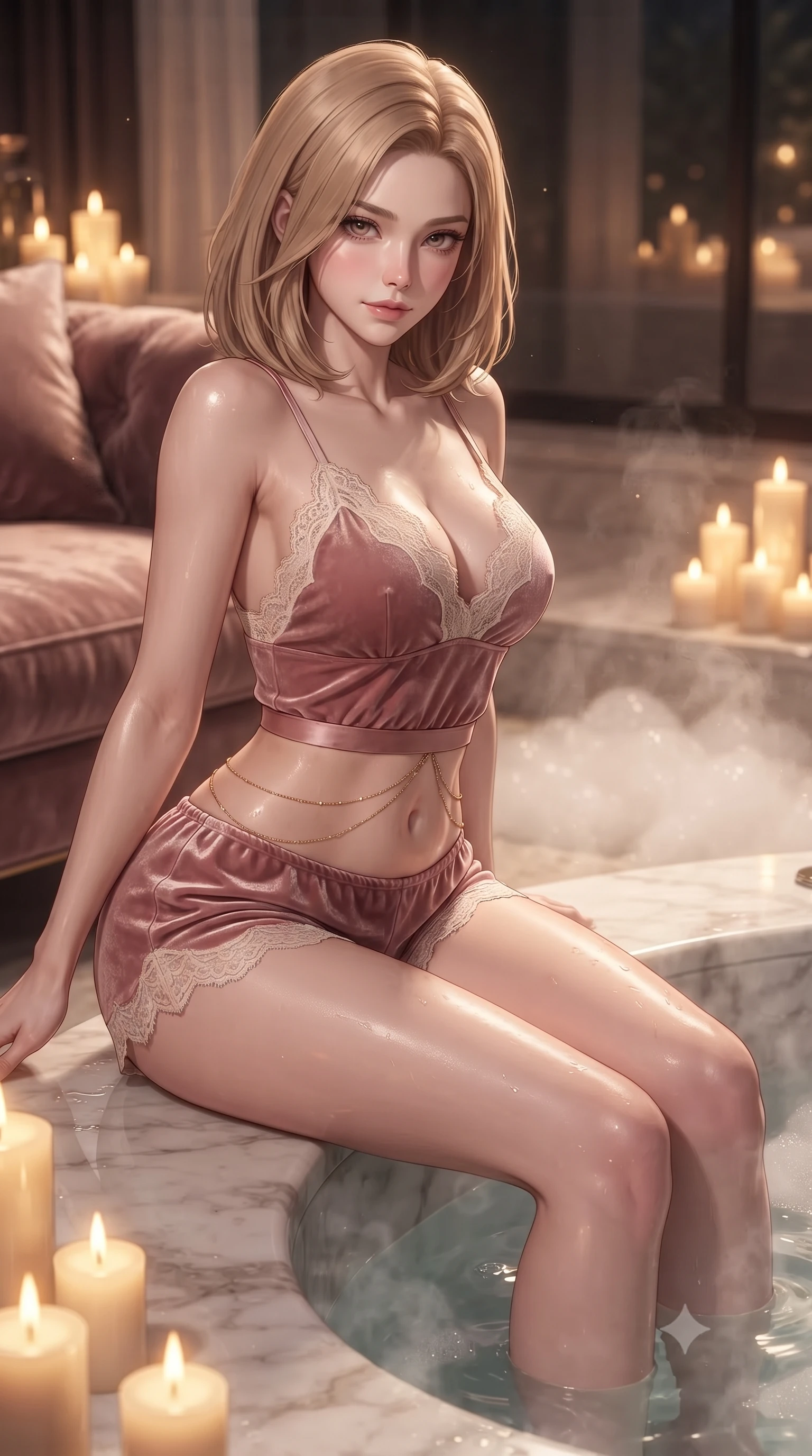 score_9, masterpiece, best quality, ultra-detailed, high-budget anime keyframe, editorial fashion photography, tasteful artistic composition, Korean woman. close-up cowboy shot from the waist and thighs up, the character dominates the composition, filling the frame with her large presence. leaning forward over the velvet sofa while arching her lower back to accentuate her curvy hips, looking into the camera with an intoxicating smoldering gaze and bedroom-eyes while sitting on the sunken marble edge of the steaming jacuzzi with legs dipped in the water, arching her spine with seductive dancer poise. The background shows a soft-focus steamy hydrotherapy bubbles and soft ambient terrace lighting softened in intimate spa shallow focus. She has an exceptionally elegant, slender, and willowy female figure with an ultra-slim waist, flat toned midriff, narrow ribcage, and sculpted feminine hips creating an alluring, slim hourglass silhouette without bulk. sharp v-shaped jawline, high-bridge nose, sparkling eyes with hypnotic seductive depth, thick curled eyelashes, glossy parted lips with a natural dewy peach sheen, alluring bedroom-eyes with an enchanting coquettish smile, exuding magnetic siren charisma and sophisticated high-fashion glamour, flawlessly proportioned anatomical accuracy, strict slender model proportions, natural body alignment, perfectly sculpted long slender limbs, ultra-slim waistline, clean dynamic posture without body distortion. wearing a plunge-neck stretch velvet romper with scalloped eyelash-lace hems and a cinched waist ribbon in dusky blush pink and warm ivory lace, tailored from ultra-plush velvet with rich tactile depth and deep shadow gradients, accented with a dainty gold belly chain resting across her flat midriff and curving hips, the second-skin tailored fabric adhering flawlessly to her sculpted flat midriff and slender torso, emphasizing her long leg lines and perfectly proportioned willowy build. bathed in the flickering warmth of dozens of luxury candles and hidden golden LED cove strips. ultra-reflective glossy finish, specular highlights, rich textural contrasts, high-contrast stereoscopic depth, volumetric dynamic lighting, 2k, ultra detail, master piece, 9:16 ratio