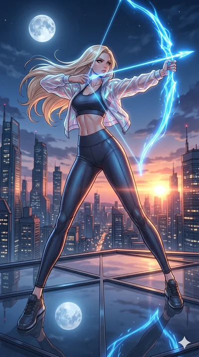 score_9, masterpiece, best quality, ultra-detailed, high-budget anime movie keyframe, cinematic anime lighting, intricate line art, Korean woman. Low angle cowboy shot capturing a powerful motion and statuesque presence. drawing a bow made of pure en