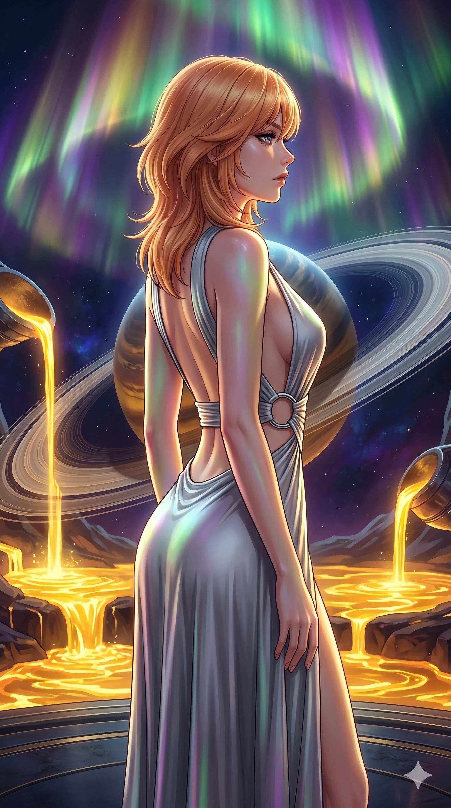 score_9, masterpiece, best quality, ultra-detailed, high-budget anime keyframe, editorial fashion photography, tasteful artistic composition, Korean woman. cowboy shot from the thighs up, character and outfit filling the frame for maximum editorial presence. Turning her face in sharp dramatic profile against the light inside a celestial forge where rivers of liquid gold flow around orbiting planetary rings. She has an absolutely perfect 8-heads proportion, an exceptionally tall and slender female figure with impossibly long slender legs and an ultra-slim waist. V-shaped jawline, high-bridge nose, intricate jewel-like eyes with depth, thick eyelashes, glossy lips with a natural sheen. wearing a deep plunging-V neck maxi dress in liquid silver jersey with a bold open-back, an architectural waist cutout framed by chrome ring hardware, and a body-contouring fit all the way to the floor. illuminated by a shifting aurora palette of green, violet, and gold from above, wrapping her in color. 2k, ultra detail, master piece, 9:16 ratio