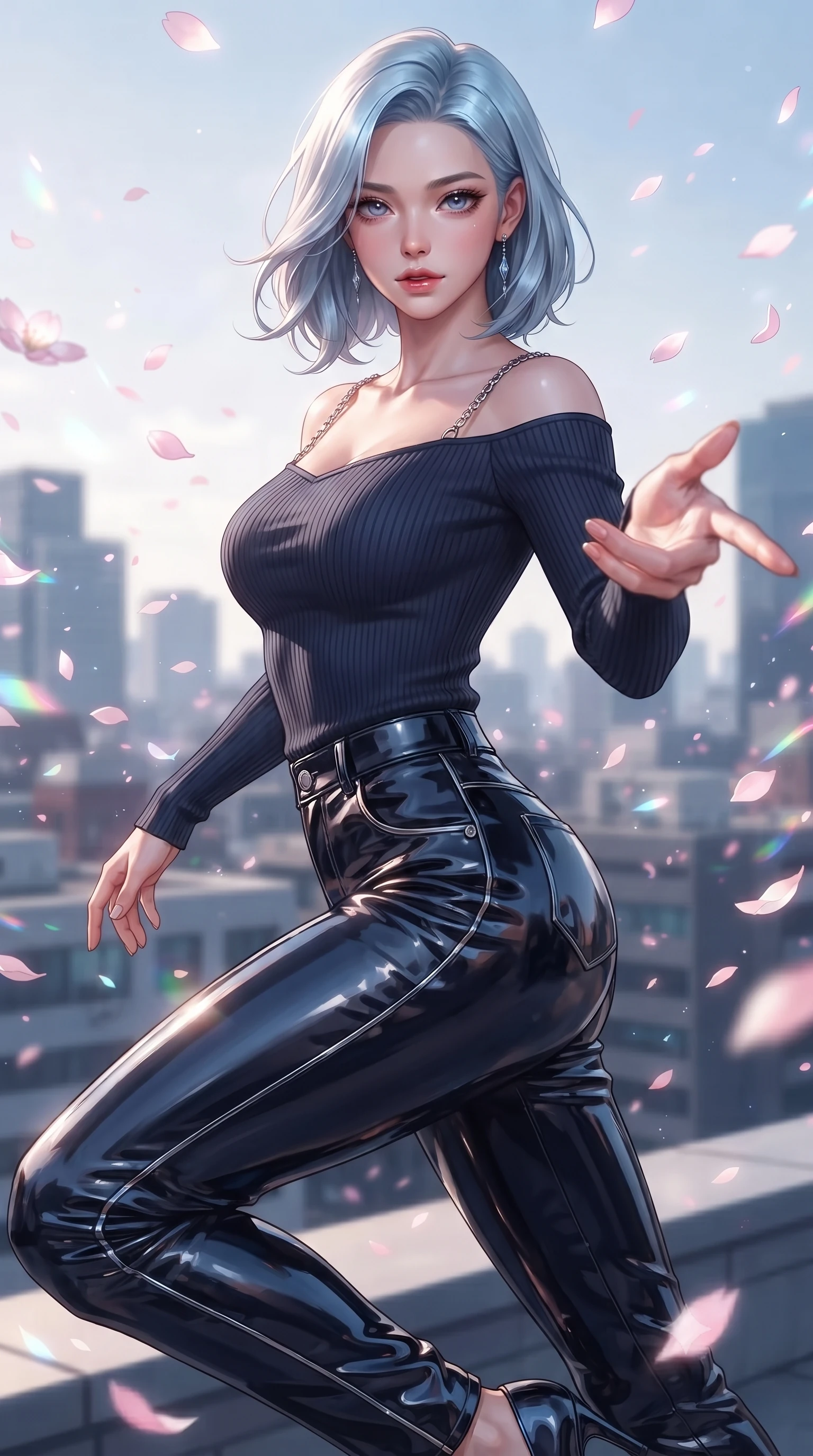 score_9, masterpiece, best quality, ultra-detailed, high-budget anime keyframe, editorial fashion photography, tasteful artistic composition, Korean woman. close-up cowboy shot from the waist and thighs up, the character dominates the composition, filling the frame with her large presence, background elements kept in soft focus. Reaching her hand gracefully toward the camera with magnetic allure, her torso turning in a dynamic S-curve alignment while leaping across the ledge of a skyscraper rooftop as digital sakura petals blizzard around her, fluttering lightweight attire catching the high-altitude urban wind. She has an exceptionally elegant, slender, and willowy female figure with an ultra-slim waist, a gracefully sculpted slender torso, and a refined silhouette. sharp v-shaped jawline, high-bridge nose, intricate jewel-like eyes with depth, thick eyelashes, glossy lips with a natural sheen, flawlessly proportioned anatomical accuracy, natural body alignment, perfectly sculpted elegant limbs, clean dynamic posture without body distortion. wearing a sleek off-shoulder ribbed knit top paired with high-waist tailored pants in midnight navy blue and chrome trim, tailored from high-gloss patent leather, adorned with delicate metallic chain straps along the neckline, the tailored fabric tightly following every curve of her athletic build. illuminated by glowing holographic sakura radiance and wet specular reflections. ultra-reflective glossy finish, specular highlights, metallic sheen, high-contrast stereoscopic depth, volumetric dynamic lighting, 2k, ultra detail, master piece, 9:16 ratio