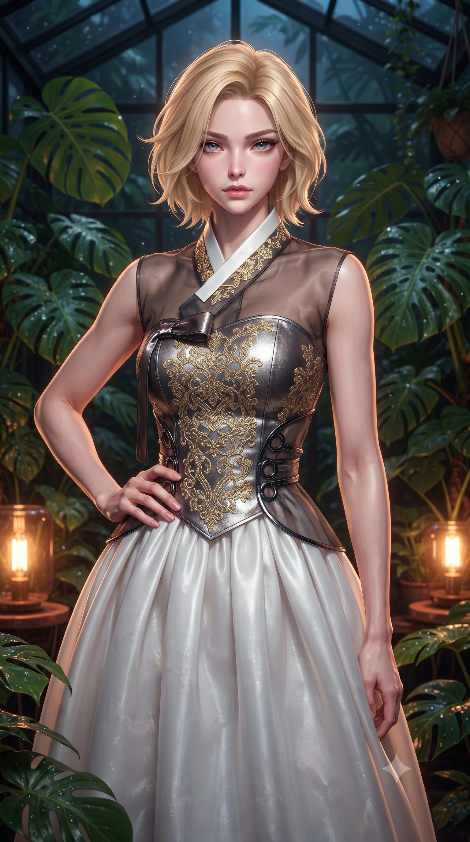 score_9, masterpiece, best quality, ultra-detailed, high-budget anime keyframe, editorial fashion photography, tasteful artistic composition, Caucasian woman. close-up cowboy shot from the waist and thighs up, the character dominates the composition, filling the frame with her large presence, background elements kept in soft focus. Holding a confident power pose with one hand on her hip, standing amidst lush tropical monstera plants illuminated by warm amber floor lamps, cozy yet intensely alluring nocturnal greenhouse atmosphere. She has an exceptionally elegant, slender, and willowy female figure with an ultra-slim waist, a gracefully sculpted slender torso, and a refined silhouette. sharp v-shaped jawline, high-bridge nose, intricate jewel-like eyes with depth, thick eyelashes, glossy lips with a natural sheen. wearing modern fusion white hanbok dress with structured gold-embroidered bodice in metallic dark silver, made of sheer dark organza overlay, trimmed with dark chrome ring hardware along the waist contours, the fitted fabric emphasizing her ultra-slim waist. surrounded by a moody nocturnal glow with sharp specular water glints. highly saturated vibrant anime colors, detailed shading with soft gradients, rich glossy textures, high-contrast stereoscopic depth, volumetric dynamic lighting, master piece, 9:16 ratio