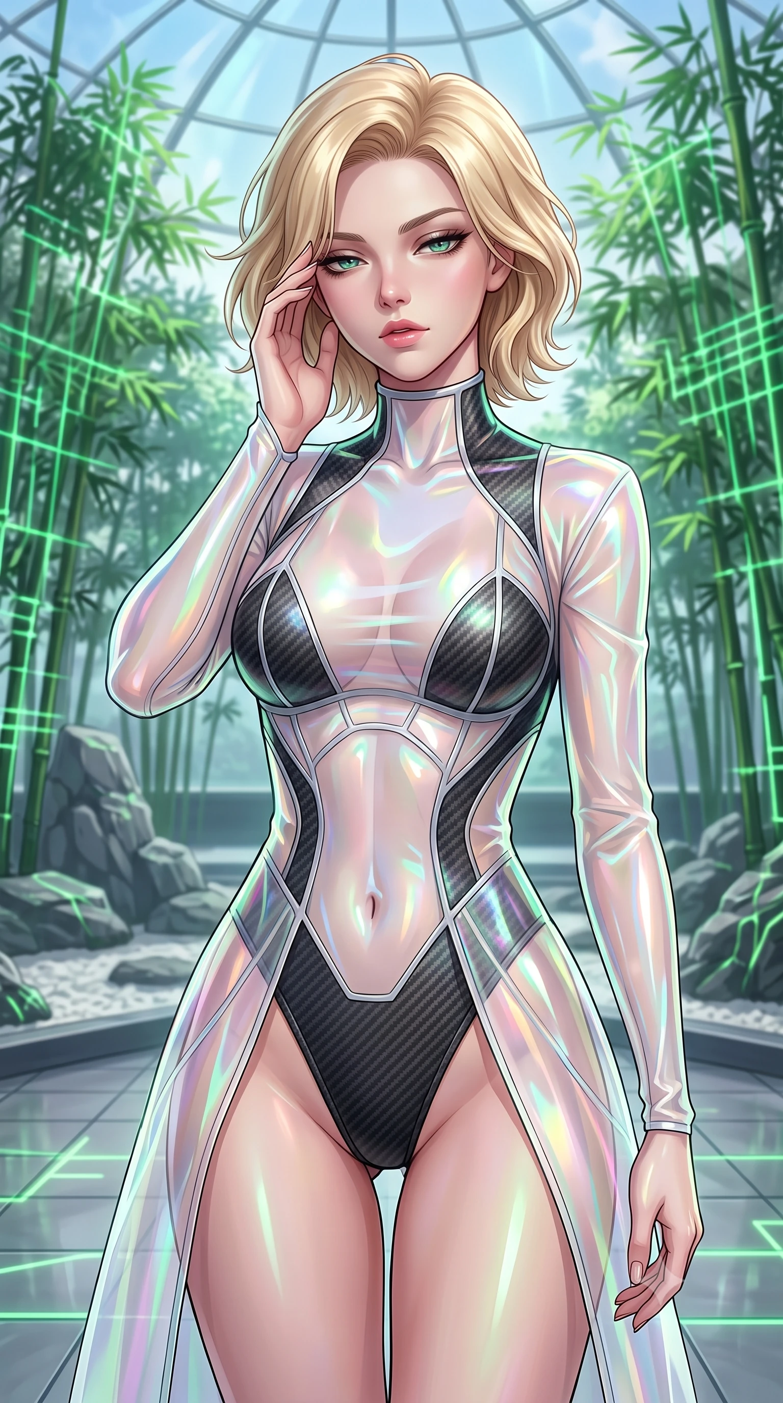 score_9, masterpiece, best quality, ultra-detailed, high-budget anime keyframe, editorial fashion photography, tasteful artistic composition, Caucasian woman. close-up cowboy shot from the waist and thighs up, the character dominates the composition, filling the frame with her large presence, background elements kept in soft focus. gently touching the side of her temple, casting a heavy-lidded, sultry look past the camera, the background shows a soft-focus a rock garden patio surrounded by virtual green bamboo trees in a dome. She has an exceptionally elegant, slender, and willowy female figure with an ultra-slim waist, a gracefully sculpted slender torso, and a refined silhouette. sharp v-shaped jawline, high-bridge nose, intricate jewel-like eyes with depth, thick eyelashes, glossy lips with a natural sheen. wearing a form-contouring sheer white holographic organza combat gown worn over a high-cut carbon-fiber leotard. virtual bamboo trees projecting green neon light gridlines on her. highly saturated vibrant anime colors, detailed shading with soft gradients, rich glossy textures, high-contrast stereoscopic depth, volumetric dynamic lighting, master piece, 9:16 ratio