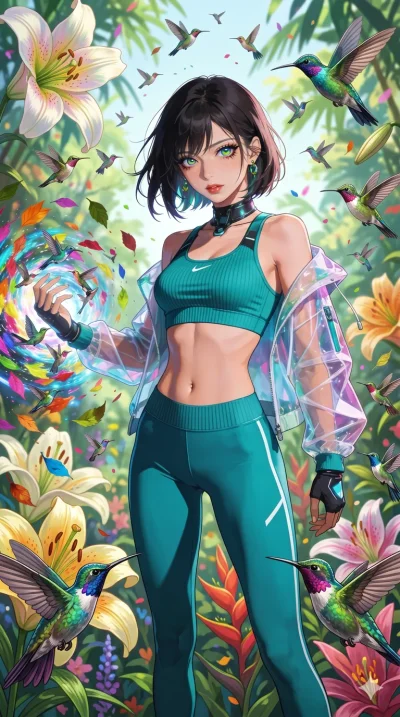 첨부의 캐릭터 얼굴만 유지해, score_9, masterpiece, best quality, ultra-detailed, Set B: Semi-realistic 3D Game Render, Caucasian woman (strictly human ears). Low angle cowboy shot filling the entire 9:16 frame with her statuesque presence. Summoning a swarm of h