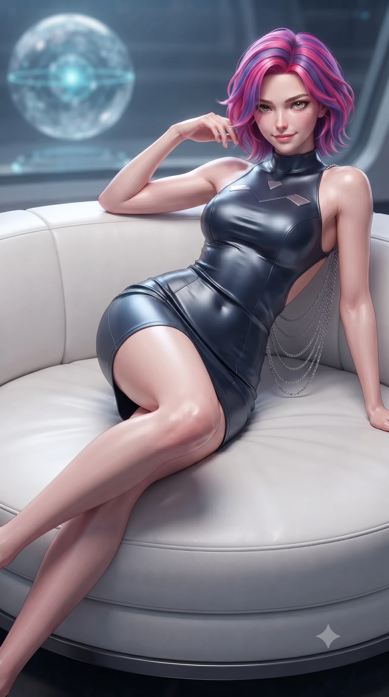 score_9, masterpiece, best quality, ultra-detailed, high-budget anime keyframe, editorial fashion photography, tasteful artistic composition, Caucasian woman. close-up cowboy shot from the waist and thighs up, the character dominates the composition, filling the frame with her large presence. tilting her head with a teasing half-smile, running one hand slowly down the side of her hip in a flirtatious S-curve as ambient light caresses her silhouette while lounging gracefully across the circular white leather captain lounge propped on one elbow with legs extended, displaying her long slender limbs and statuesque hourglass silhouette. The background shows a soft-focus containment field hum softened in high-tech navigation sphere shallow focus. She has an exceptionally elegant, slender, and willowy female figure with an ultra-slim waist, flat toned midriff, narrow ribcage, and sculpted feminine hips creating an alluring, slim hourglass silhouette without bulk. sharp v-shaped jawline, high-bridge nose, intricate jewel-like sparkling eyes with depth, thick eyelashes, glossy parted lips with a natural peach sheen, bright cheerful beaming smile with an enchanting and coquettish sensual glint, exuding both youthful cute charm and seductive allure, flawlessly proportioned anatomical accuracy, strict slender model proportions, natural body alignment, perfectly sculpted long slender limbs, ultra-slim waistline, clean dynamic posture without body distortion. wearing a dense bandage-knit tactical officer dress with subtle geometric chest accents contouring her delicate ribcage and feminine hips in tactical carbon navy and polished chrome, crafted from fluid liquid silk satin that clings smoothly to her narrow waist and rounded hips with a dewy sheen, accented with an open-back drape framed by falling strands of delicate chrome chains, the second-skin tailored fabric adhering flawlessly to her sculpted flat midriff and slender torso, emphasizing her long leg lines and perfectly proportioned willowy build. illuminated by spherical glass reflection bounce and sharp sapphire-cyan rim lights defining her razor-sharp jawline, narrow waist, and curvy hips. ultra-reflective glossy finish, specular highlights, rich textural contrasts, high-contrast stereoscopic depth, volumetric dynamic lighting, 2k, ultra detail, master piece, 9:16 ratio
