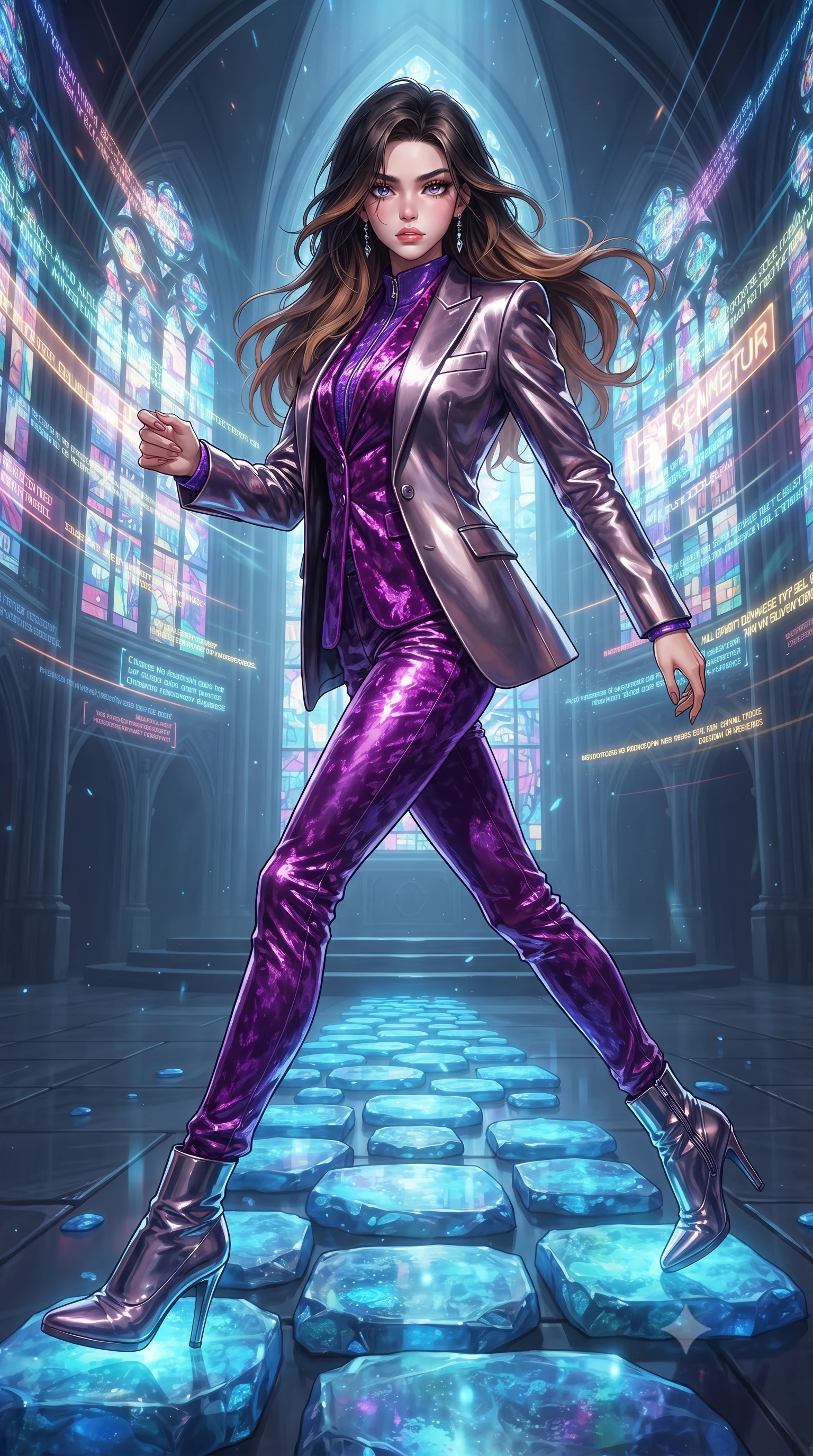 score_9, masterpiece, best quality, ultra-detailed, High-budget Anime Keyframe, editorial fashion photography, tasteful artistic composition, realistic cosplay photography, East Asian woman. Dynamic full-body shot stretching the vertical silhouette to the limit. Scenario 502: stepping across glowing azure stones in a futuristic cathedral with holographic stained-glass windows. Her presence is magnetic and overpowering in this high-budget cinematic scene. Outfit 502: a body-hugging neon violet crushed velvet jacket layered under a structured velvet blazer. The clothing is designed to emphasize her exceptionally tall and slender 8-heads proportion. 8-heads proportion, towering silhouette, ultra-slim waist. sharp v-shaped jawline, intricate jewel-like eyes with depth, thick eyelashes, glossy lips. ultra-reflective glossy finish, specular highlights, metallic sheen, high-contrast stereoscopic depth, volumetric dynamic lighting, 2k, ultra detail, master piece, 9:16 ratio