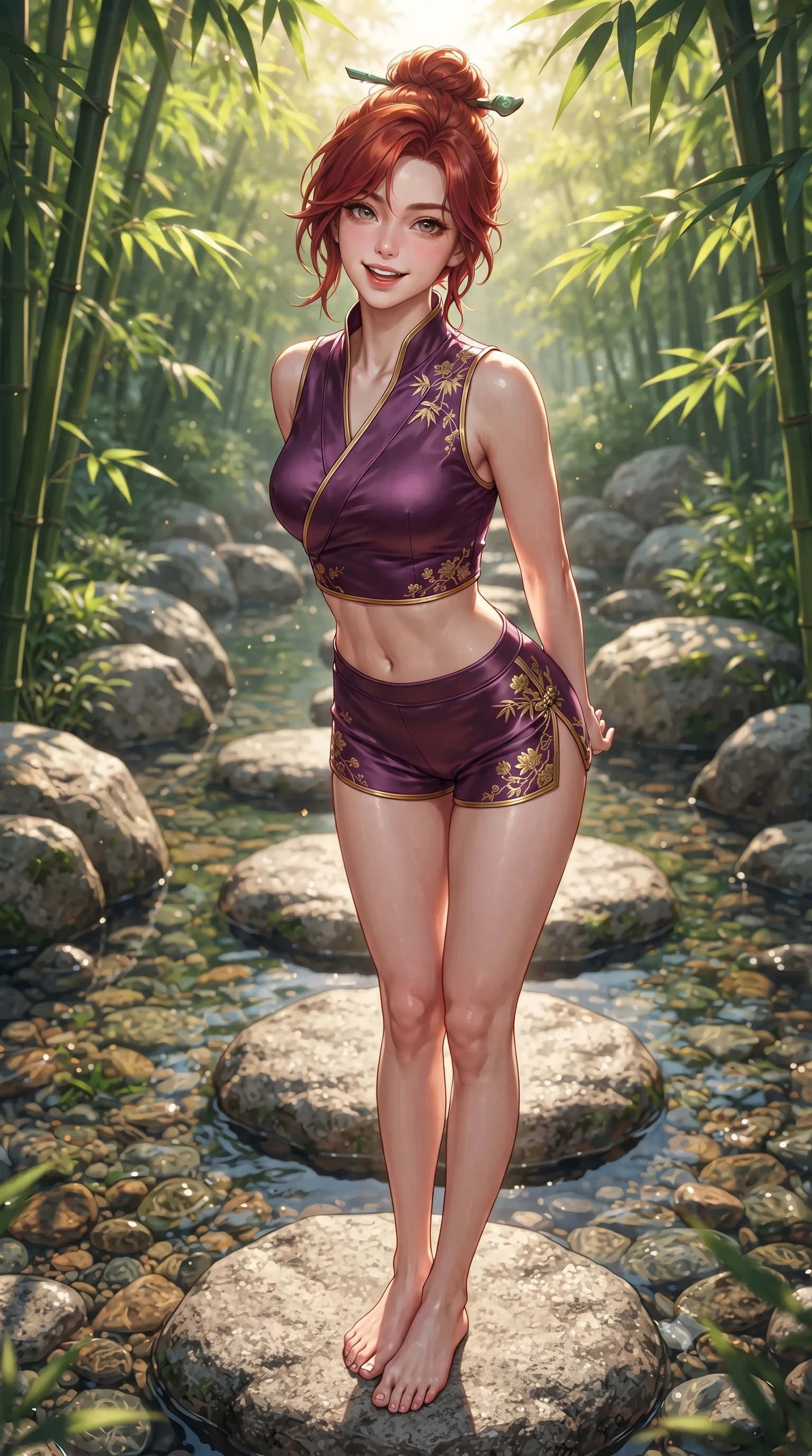 score_9, masterpiece, best quality, ultra-detailed, high-budget anime keyframe, editorial fashion photography, tasteful artistic composition, Korean woman. close-up cowboy shot from the waist and thighs up, the character dominates the composition, filling the frame with her large presence. resting both hands lightly behind her back while leaning toward the lens with a cheerful, teasing grin, her form-fitting fusion dress hugging her narrow waist and hip curve while standing barefoot on smooth granite stepping stones across a crystal mountain brook, arching her back with a playful, joyful smile. The surrounding environment is rendered in vivid detail and crisp panoramic clarity: sharp granite stone texture, crystal-clear stream pebble clarity, and smooth bamboo stalk surfaces in deep focus. She has an exceptionally elegant, slender, and willowy female figure with an ultra-slim waist, flat toned midriff, narrow ribcage, and sculpted feminine hips creating an alluring, slim hourglass silhouette without bulk. sharp v-shaped jawline, high-bridge nose, intricate jewel-like dark sparkling almond eyes with depth, thick lashes, glossy parted lips with a natural rose-plum sheen, bright alluring and coquettish smile with bedroom-eyes, exuding both timeless oriental elegance and sovereign high-fashion allure, flawlessly proportioned anatomical accuracy, strict slender model proportions, natural body alignment, perfectly sculpted long slender limbs, ultra-slim waistline, clean dynamic posture without body distortion. wearing a modern tailored martial-arts-inspired wrap crop top paired with skin-tight high-cut combat shorts and silk sashes in rich plum violet and gilded bronze embroidery, crafted from heavy fluid silk satin with a liquid mirror-like sheen, featuring a modern sculptural jade hair pin securing her loose silky updo, the form-fitting tailored bodice adhering flawlessly to her sculpted flat midriff and slender torso, emphasizing her long leg lines and perfectly proportioned willowy build. bathed in dappled golden morning sunbeams filtering through dense green bamboo leaves. ultra-reflective glossy finish, specular highlights, rich textural contrasts, high-contrast stereoscopic depth, volumetric dynamic lighting, 2k, ultra detail, master piece, 9:16 ratio