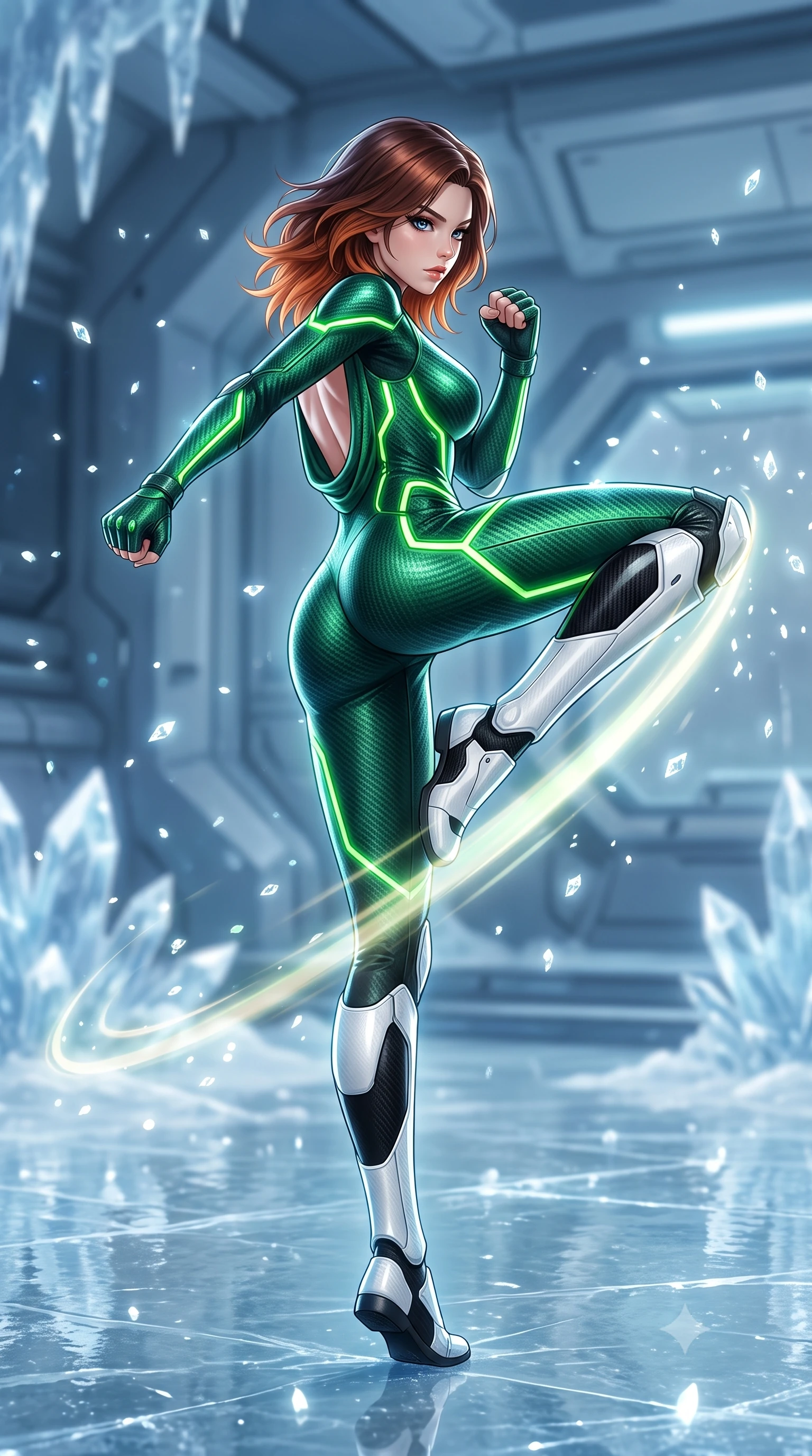 score_9, masterpiece, best quality, ultra-detailed, high-budget anime keyframe, semi-realistic 3D game render, editorial fashion photography, tasteful artistic composition, Korean woman. low angle full-body shot from head to toe showing her feet, filling the entire 9:16 vertical frame with her statuesque presence, stretching her vertical silhouette. pivoting dynamically in a high-speed low sweep kick along the reflective floor, her athletic torso and ultra-slim waist twisting in a fluid arc of power while stepping across the frosted chamber with silent, lethal predator grace that commands absolute stillness. The composition keeps background elements in soft focus with creamy bokeh. glistening diamond ice crystals scattering bright specular light motes across a cool backdrop. She has an absolutely perfect, statuesque 8.5-heads proportion, an exceptionally tall and slender model-like female figure with impossibly long slender legs, a toned flat midriff, and an ultra-slim waist. sharp v-shaped jawline, high-bridge nose, intricate jewel-like eyes with depth, thick eyelashes, glossy lips with a natural sheen, flawlessly proportioned anatomical accuracy, strict slender model proportions, natural body alignment, perfectly sculpted long slender limbs, ultra-slim waistline, clean dynamic posture without body distortion. wearing a tailored emerald-green carbon-fiber tactical jumpsuit with glowing lime LED channels, open cowl back, and reinforced combat shin-guards in monochrome white enamel carbon with high-contrast black panels, made of liquid carbon-jersey fabric adhering flawlessly to her sculpted silhouette, featuring a sleek aerodynamic collar framed by subtle glowing cybernetic status LEDs, the form-contouring material adhering flawlessly to her sculpted flat midriff and slender torso, emphasizing her long leg lines and perfectly proportioned willowy build. illuminated by crisp specular ice refractions outlining her ultra-slim waist, long legs, and flat midriff. rich saturated anime colors with glowing neon highlights, detailed shading with soft gradients, rich glossy textures, high-contrast stereoscopic depth, volumetric dynamic lighting, master piece, 9:16 ratio