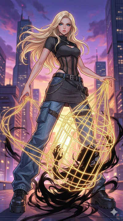score_9, masterpiece, best quality, ultra-detailed, high-budget anime movie keyframe, cinematic anime lighting, intricate line art, Japanese woman. Low angle cowboy shot capturing a powerful motion and statuesque presence. weaving a cage of golden ba