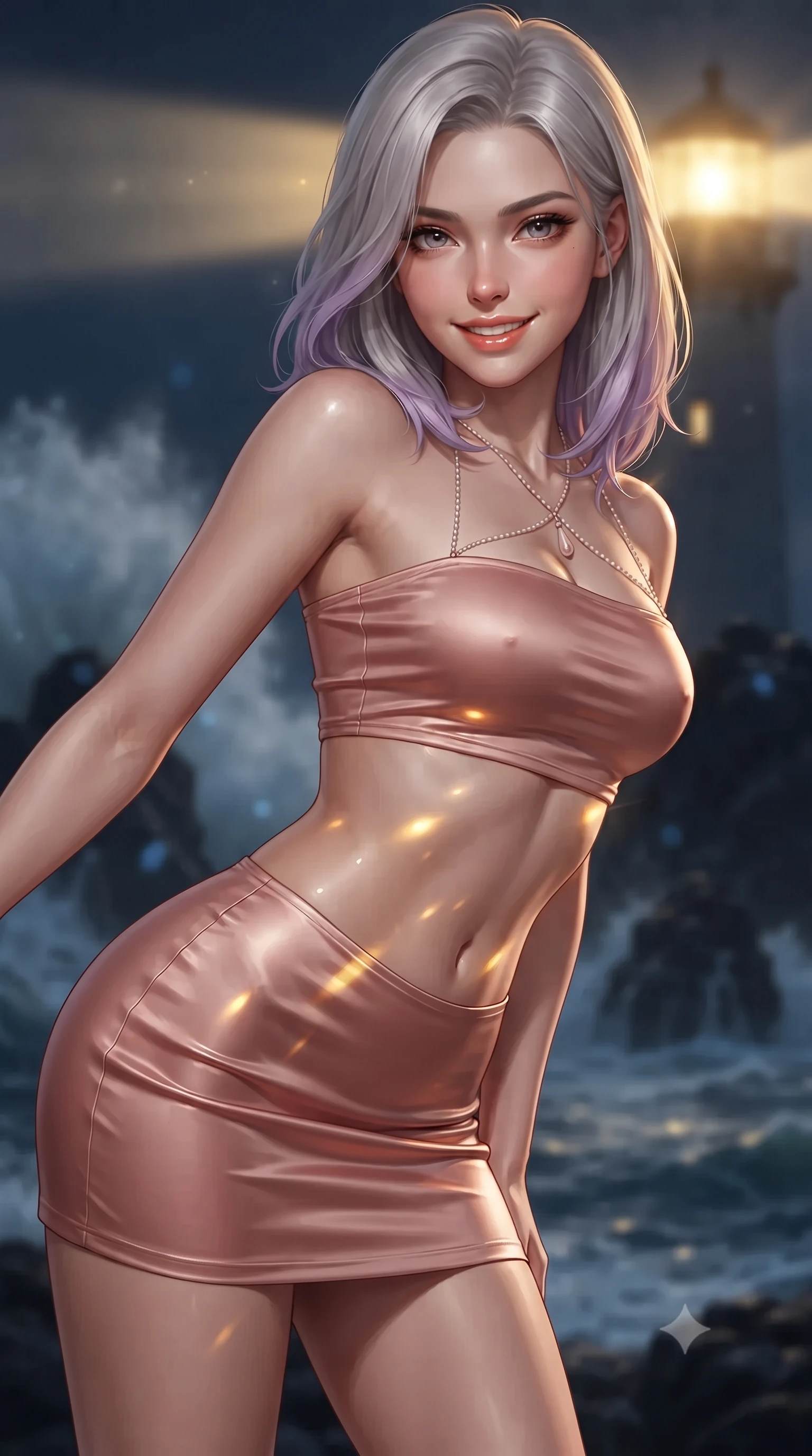 score_9, masterpiece, best quality, ultra-detailed, high-budget anime keyframe, editorial fashion photography, tasteful artistic composition, Caucasian woman. close-up cowboy shot from the waist and thighs up, the character dominates the composition, filling the frame with her large presence. leaning forward while arching her lower back to accentuate her curvy hips, looking into the camera with an intoxicating smoldering gaze and bedroom-eyes while twisting her slender torso in an alluring contrapposto stance, sweeping beams of the lighthouse lantern casting dramatic golden flashes across her flat midriff and hips. The background shows a soft-focus colossal storm waves crashing over dark granite sea stacks, rotating Fresnel lens light beams cutting through midnight sea spray, blurred into diamond, slate, and sapphire bokeh. She has an exceptionally elegant, slender, and willowy female figure with an ultra-slim waist, flat toned midriff, narrow ribcage, and sculpted feminine hips creating an alluring, slim hourglass silhouette without bulk. sharp v-shaped jawline, high-bridge nose, intricate jewel-like sparkling eyes with depth, thick eyelashes, glossy parted lips with a natural peach sheen, bright cheerful beaming smile with an enchanting and coquettish sensual glint, exuding both youthful cute charm and seductive allure, flawlessly proportioned anatomical accuracy, strict slender model proportions, natural body alignment, perfectly sculpted long slender limbs, ultra-slim waistline, clean dynamic posture without body distortion. wearing an ultra-cropped fitted bandeau top paired with a micro mini tennis skirt revealing her flat toned midriff in rose-quartz blush and burnished copper, crafted from fluid liquid silk satin that clings smoothly to her narrow waist and rounded hips with a dewy sheen, accented with a pearl-drop body harness subtly framing her dewy collarbones and spine, the liquid-tight tailored fabric clinging flawlessly to her narrow waist and rounded feminine hips, emphasizing every millimeter of her sculpted slim hourglass curves without any bulky heaviness. bathed in the powerful rotating 3200K golden beam of the lighthouse lens contrasted with deep navy ocean twilight. ultra-reflective glossy finish, specular highlights, rich textural contrasts, high-contrast stereoscopic depth, volumetric dynamic lighting, 2k, ultra detail, master piece, 9:16 ratio