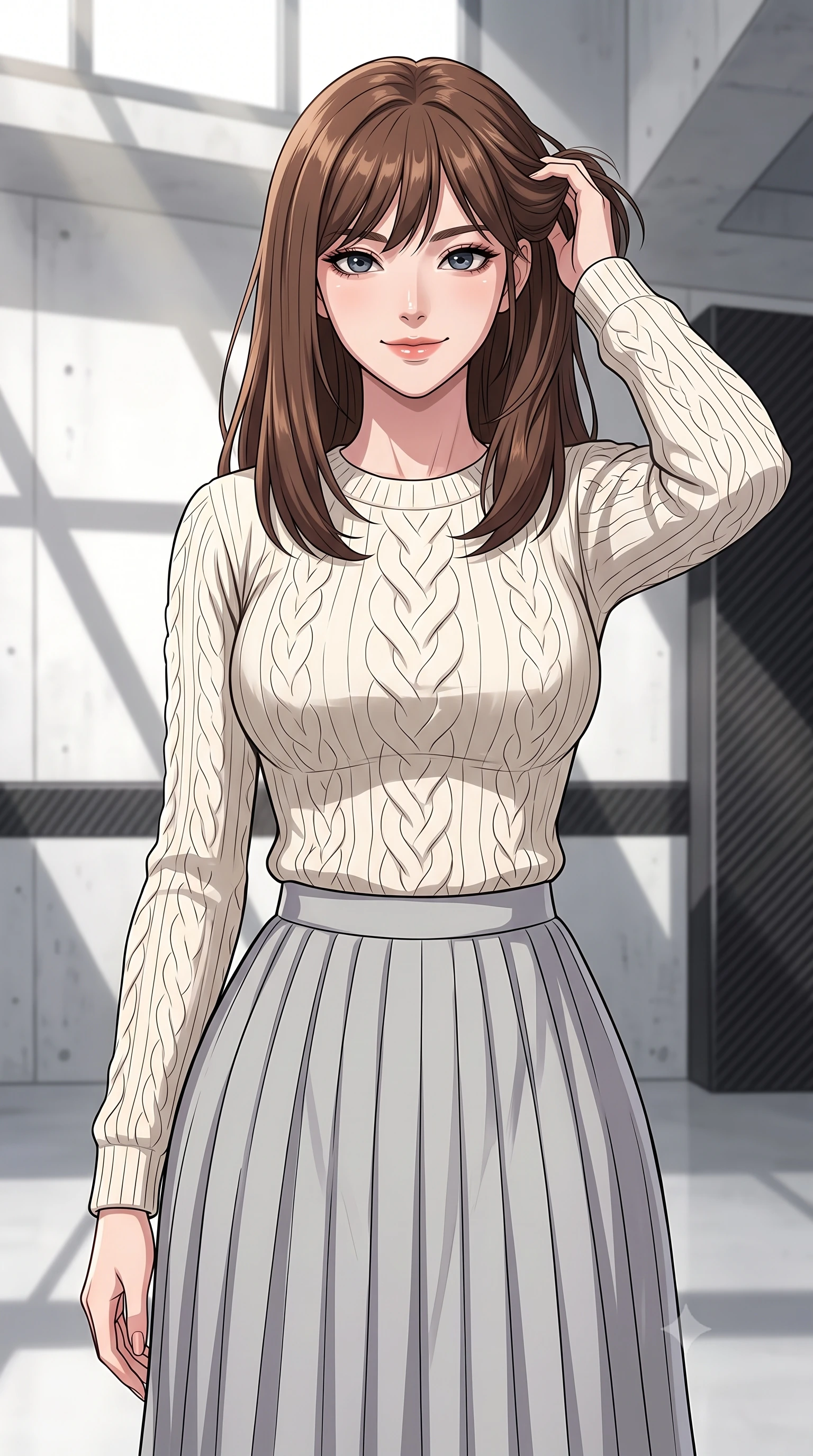 score_9, masterpiece, best quality, ultra-detailed, high-budget anime keyframe, tasteful artistic composition, Korean woman. close-up cowboy shot from the waist and thighs up, the character dominates the composition, filling the frame with her large presence, background elements kept in soft focus. smiling with quiet, magnetic self-assurance directly into the camera, running a hand through her hair the background shows a soft-focus a clean minimalist garage with white concrete walls and carbon fiber panels. She has an exceptionally elegant, slender, and willowy female figure with an ultra-slim waist, a gracefully sculpted slender torso, and a refined silhouette. sharp v-shaped jawline, high-bridge nose, intricate jewel-like eyes with depth, thick eyelashes, glossy lips with a natural sheen. wearing a body-hugging cozy cable-knit sweater in ivory, paired with a pleated light grey midi skirt. bright midday sun rays filtering through high windows, creating sharp geometric shadows. highly saturated vibrant anime colors, cel-shading, 2d style, master piece, 9:16 ratio