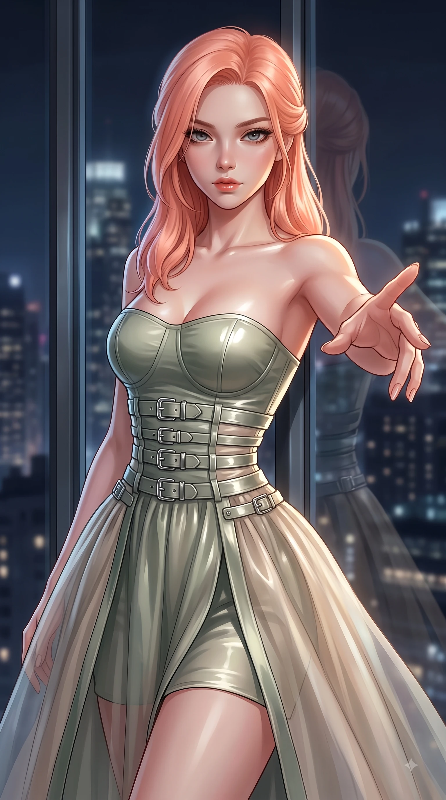 score_9, masterpiece, best quality, ultra-detailed, high-budget anime keyframe, editorial fashion photography, tasteful artistic composition, Japanese woman. close-up cowboy shot from the waist and thighs up, the character dominates the composition, filling the frame with her large presence, background elements kept in soft focus. Reaching one arm gracefully toward the camera with magnetic poise, displaying her statuesque silhouette while leaning against a panoramic glass window at midnight, her eyes casting a smoldering, magnetic gaze, soft moonlight tracing her slender shoulder, graceful clavicle, and contoured waistline elegantly. She has an exceptionally elegant, slender, and willowy female figure with an ultra-slim waist, a gracefully sculpted slender torso, and a refined silhouette. sharp v-shaped jawline, high-bridge nose, intricate jewel-like eyes with depth, thick eyelashes, glossy lips with a natural sheen, flawlessly proportioned anatomical accuracy, natural body alignment, perfectly sculpted elegant limbs, clean dynamic posture without body distortion. wearing a modern fusion silk hanbok dress with a structured bodice and flowing skirt in sage green and oatmeal, woven from fine semi-opaque sheer organza, detailed with polished silver buckles along the waistline, the form-contouring material highlighting her ultra-slim waist and long lines. surrounded by a cozy, intimate glow with smooth high-contrast stereoscopic depth. ultra-reflective glossy finish, specular highlights, metallic sheen, high-contrast stereoscopic depth, volumetric dynamic lighting, 2k, ultra detail, master piece, 9:16 ratio