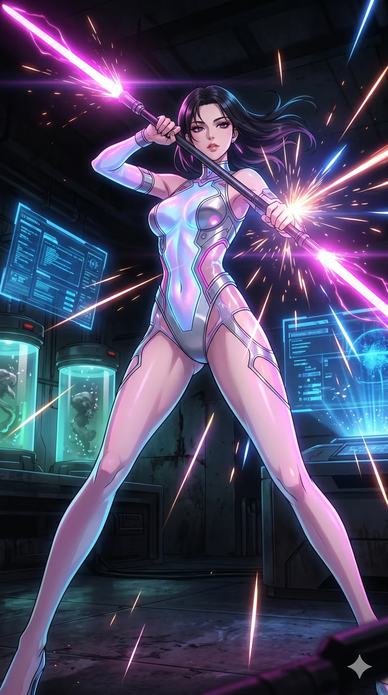 score_9, masterpiece, best quality, ultra-detailed, High-budget Anime Keyframe, vibrant colors, fluid line-art, expressive lighting, cinematic composition, Ufotable-style visual effects, top-tier animation quality, Korean woman with idol-like refined features. Wide-angle low shot emphasizing her impossibly long slender legs and commanding stature. Wielding a dual-bladed light-saber in a high-stakes duel within an underground cyber-arena, sparks flying as she deflects incoming attacks. She has an absolutely perfect 8-heads proportion, an exceptionally tall and slender female figure with impossibly long slender legs and an ultra-slim waist, her statuesque height and towering silhouette dominating the vertical 9:16 frame. Her face is a masterpiece featuring a sharp v-shaped jawline, high-bridge nose, intricate jewel-like eyes with depth, thick eyelashes, and glossy lips with a natural sheen. She is wearing a High-cut leotard with metallic plating and translucent PVC panels on the sides crafted from Bioluminescent silk that emits a soft, ethereal glow from within the fabric, with integrated neon-lit tactical gear and suggestive cutouts on the thighs. The scene is set in a high-tech research laboratory with glowing glass tanks and complex holographic interfaces, illuminated by dynamic strobe effects that capture her movement in a series of sharp fragments. 2k, ultra detail, master piece, 9:16 ratio