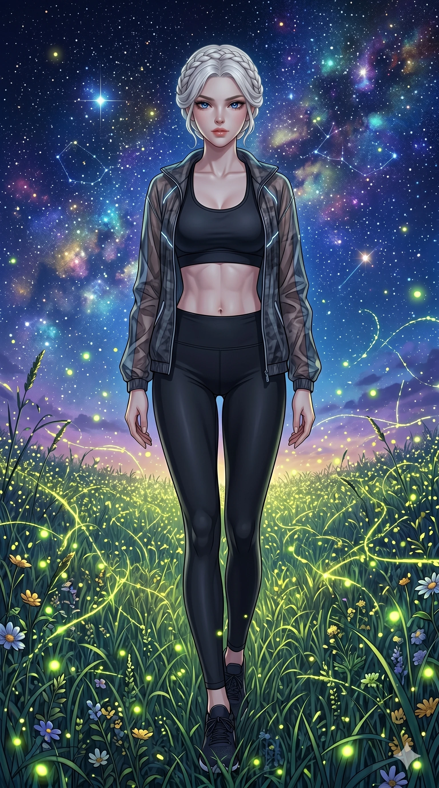 score_9, masterpiece, best quality, ultra-detailed, Set C: High-budget Anime Keyframe, Korean woman. Low angle cowboy shot filling the entire 9:16 frame with her statuesque presence. Walking through a field of tall grass that glows with fireflies. She has an absolutely perfect 8-heads proportion, an exceptionally tall and slender female figure with impossibly long slender legs and an ultra-slim waist. Sharp v-shaped jawline, high-bridge nose, intricate jewel-like eyes with depth, thick eyelashes, glossy lips. Wearing a Premium Athleisure outfit: sleek activewear with a sheer windbreaker and exposed midriff. Background is a bright and colorful meadow with thousands of yellow lights and a vibrant starry sky. 2k, ultra detail, master piece, 9:16 ratio