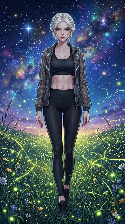 score_9, masterpiece, best quality, ultra-detailed, Set C: High-budget Anime Keyframe, Korean woman. Low angle cowboy shot filling the entire 9:16 frame with her statuesque presence. Walking through a field of tall grass that glows with fireflies. Sh