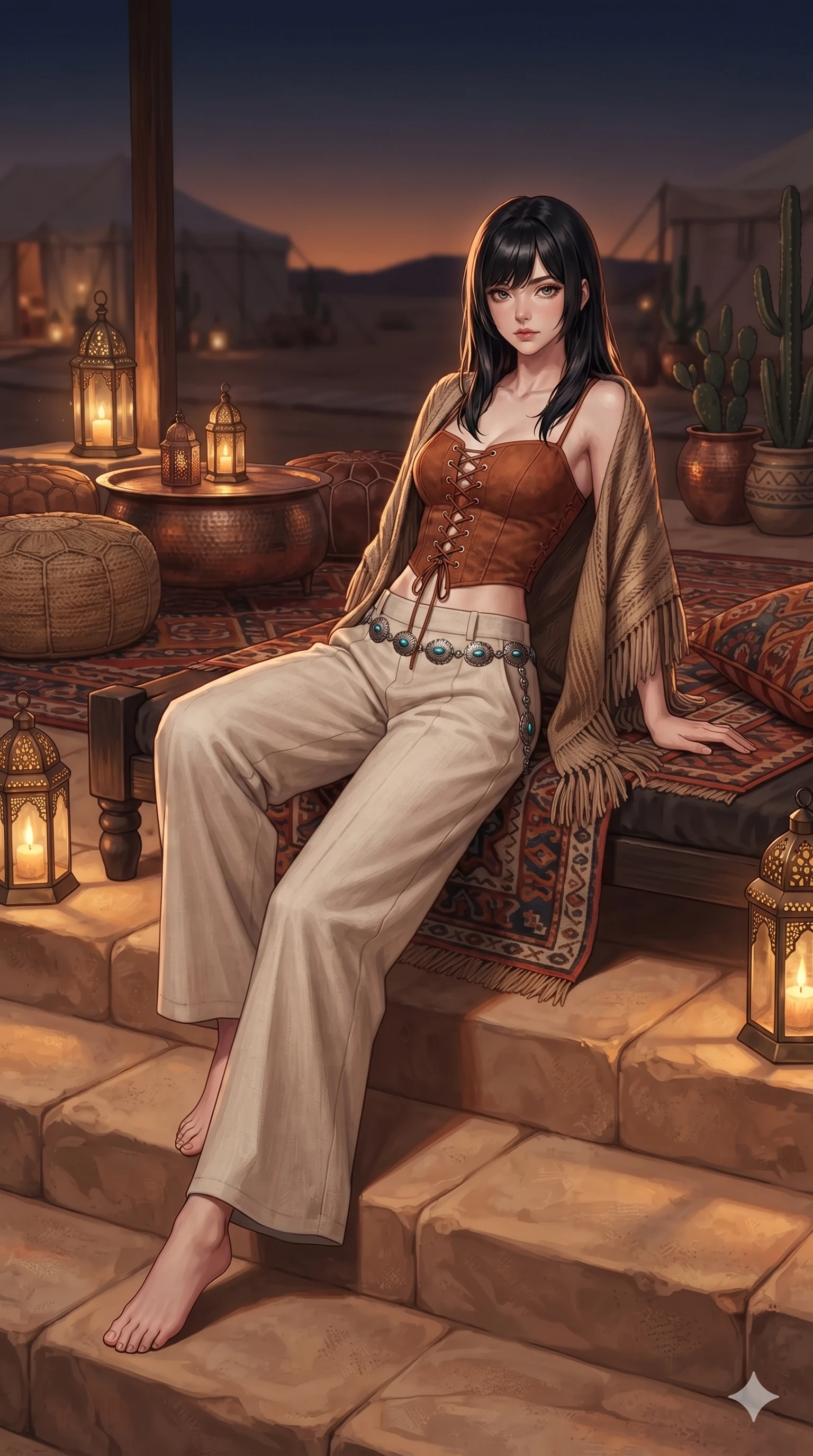 score_9, masterpiece, best quality, ultra-detailed, high-budget anime keyframe, editorial fashion photography, tasteful artistic composition, Caucasian woman. low angle full-body shot from head to toe showing her feet, filling the entire 9:16 vertical frame with her statuesque presence, stretching her vertical silhouette. sitting poised on the warm sandstone steps with one knee bent, arching her spine with supermodel elegance as she glances upward through thick eyelashes while lounging across a low wooden daybed draped with Moroccan kilim rugs on the timber veranda, her flat midriff and long slender legs bathed in lantern glow. The surrounding environment is rendered in vivid detail and crisp panoramic clarity: detailed lace-up suede bustier tailoring, silver concho waist chain, and luxury desert glamping decor in razor-sharp resolution. She has an absolutely perfect, statuesque 8.5-heads proportion, an exceptionally tall and slender model-like female figure with impossibly long slender legs, an ultra-slim waist, a flat toned midriff, narrow delicate ribcage, and beautifully sculpted feminine hips creating a graceful, slim hourglass silhouette without any bulky heaviness. sharp v-shaped jawline, high-bridge nose, sparkling eyes with hypnotic seductive depth, thick curled eyelashes, glossy parted lips with a natural dewy peach sheen, alluring bedroom-eyes with an enchanting coquettish smile, exuding magnetic siren charisma and sophisticated glamour, flawlessly proportioned anatomical accuracy, strict slender model proportions, natural body alignment, perfectly sculpted long slender limbs, ultra-slim waistline, clean dynamic posture without body distortion. wearing a delicate semi-translucent wet-look mesh bodysuit clinging sheerly to her sculpted torso and hip curves in high-contrast coastal monochrome with gold hardware, crafted from supple double-faced desert suede with an exceptionally soft matte finish, finished with glistening drops of seawater beading across her sculpted shoulders and flat midriff, the precision-cut side openings and low-back scoop framing her graceful spine and the sensual sweep of her slim, toned hips. illuminated by timber deck bounce and sharp amber-bronze rim lights defining her razor-sharp jawline, narrow waist, and curvy hips. ultra-reflective glossy finish, specular highlights, rich textural contrasts, high-contrast stereoscopic depth, volumetric dynamic lighting, 2k, ultra detail, master piece, 9:16 ratio