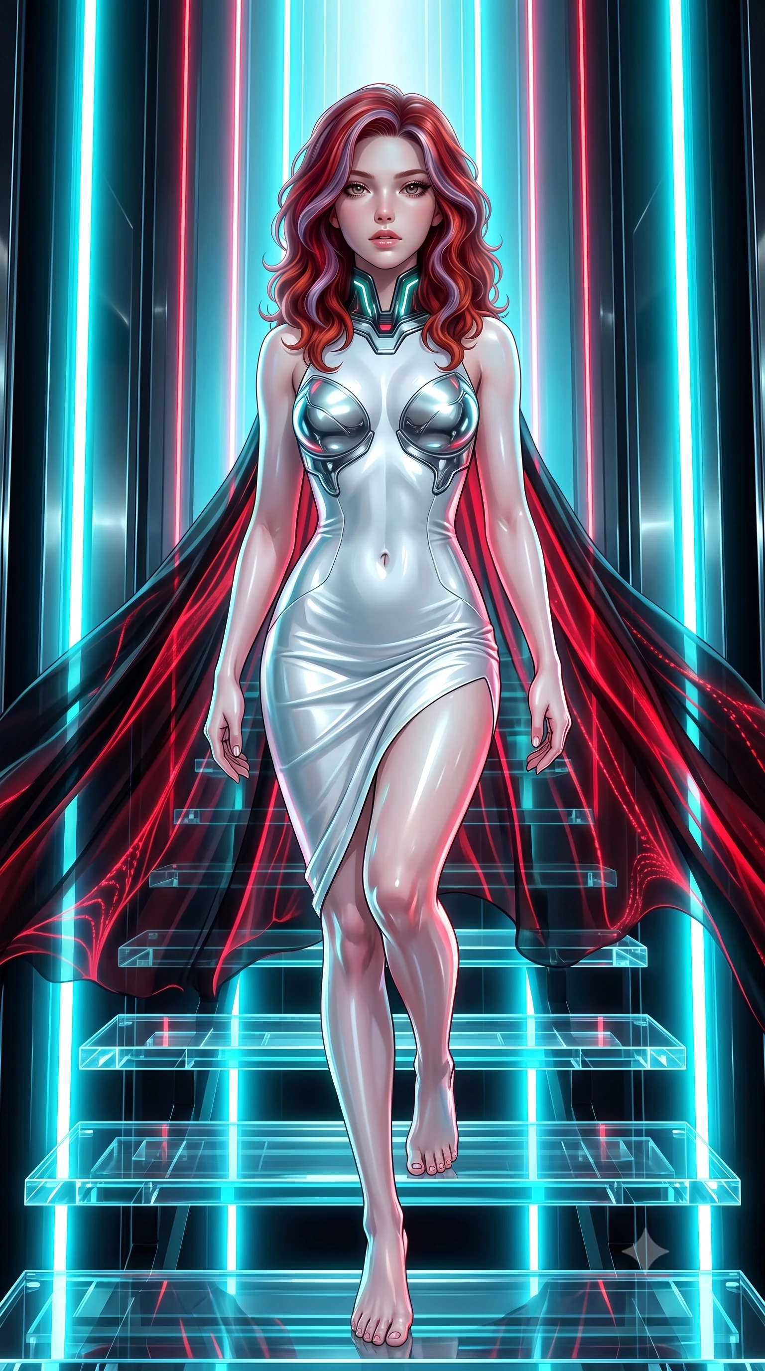 score_9, masterpiece, best quality, ultra-detailed, high-budget anime keyframe, editorial fashion photography, tasteful artistic composition, Caucasian woman. close-up cowboy shot from the waist and thighs up, the character dominates the composition, filling the frame with her large presence. looking into the camera lens with intense, captivating depth, softly parted glossy lips and thick eyelashes framing her ethereal gaze while ascending a suspended glass stairway illuminated by vertical neon light shafts with divine cybernetic majesty. The surrounding environment is rendered in vivid detail and crisp panoramic clarity. high-contrast futuristic chiaroscuro and sacred cybernetic architecture rendered with environmental sharpness. She has an exceptionally elegant, slender, and willowy female figure with an ultra-slim waist, a gracefully sculpted slender torso, toned flat midriff, and a refined slim silhouette. sharp v-shaped jawline, high-bridge nose, intricate jewel-like eyes with depth, thick eyelashes, glossy lips with a natural sheen, flawlessly proportioned anatomical accuracy, strict slender model proportions, natural body alignment, perfectly sculpted long slender limbs, ultra-slim waistline, clean dynamic posture without body distortion. wearing a form-contouring white liquid-mercury gown with polished silver biomechanical breastplate and flowing luminescent chiffon cape in high-gloss obsidian black and burning laser crimson accents, made of liquid jersey fabric that clings flawlessly to every contour of her build, featuring a sleek aerodynamic collar framed by subtle glowing cybernetic accents, the form-contouring material adhering flawlessly to her sculpted flat midriff and slender torso, emphasizing her long leg lines and perfectly proportioned willowy build. bathed in brilliant neon cyan halo backlighting and polished chrome surface reflections. ultra-reflective glossy finish, specular highlights, dark metallic sheen, high-contrast stereoscopic depth, volumetric dynamic lighting, 2k, ultra detail, master piece, 9:16 ratio