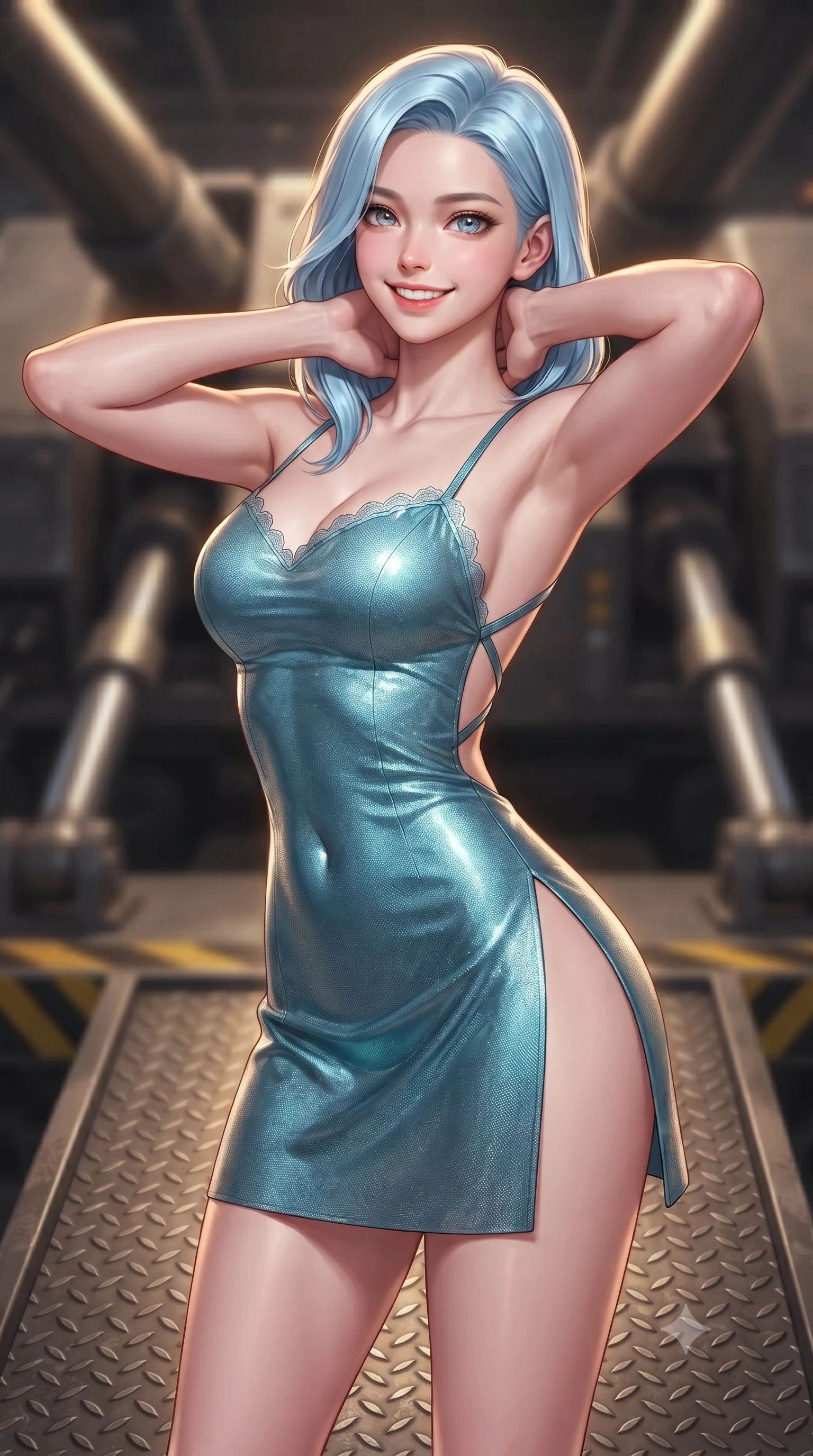 score_9, masterpiece, best quality, ultra-detailed, high-budget anime keyframe, editorial fashion photography, tasteful artistic composition, Korean woman. close-up cowboy shot from the waist and thighs up, the character dominates the composition, filling the frame with her large presence. resting both hands lightly behind her neck with elbows raised, arching her spine to highlight her narrow waist, flat midriff, and breathtaking collarbones while standing poised on the industrial diamond-tread blast ramp between colossal hydraulic recoil pistons, arching her lower back with commanding warrior presence. The background shows a soft-focus massive gunmetal cannon breech, shimmering hydraulic recoil cylinders, and yellow hazard striping blurred into amber, charcoal, and platinum bokeh. She has an exceptionally elegant, slender, and willowy female figure with an ultra-slim waist, flat toned midriff, narrow ribcage, and sculpted feminine hips creating an alluring, slim hourglass silhouette without bulk. sharp v-shaped jawline, high-bridge nose, intricate jewel-like sparkling eyes with depth, thick eyelashes, glossy parted lips with a natural peach sheen, bright cheerful beaming smile with an enchanting and coquettish sensual glint, exuding both youthful cute charm and seductive allure, flawlessly proportioned anatomical accuracy, strict slender model proportions, natural body alignment, perfectly sculpted long slender limbs, ultra-slim waistline, clean dynamic posture without body distortion. wearing a backless liquid foil flight mini dress with criss-cross spinal straps and daring high side slit in Europa abyssal turquoise and ice-shelf diamond, tailored from high-density tech-wool with subtle metallic thread weave, finished with scalloped eyelash lace trim framing her sweetheart neckline with intimate elegance, the high-slit wrap tailoring accentuating her ultra-slim waistline and the enchanting curve of her feminine hips with alluring seductive charm. illuminated by diamond-plate steel reflection bounce and sharp gold-amber rim lights defining her razor-sharp jawline, narrow waist, and curvy hips. ultra-reflective glossy finish, specular highlights, rich textural contrasts, high-contrast stereoscopic depth, volumetric dynamic lighting, 2k, ultra detail, master piece, 9:16 ratio