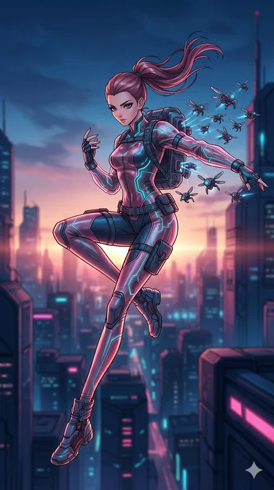 score_9, masterpiece, best quality, ultra-detailed, high-budget anime movie keyframe, cinematic anime lighting, intricate line art, Caucasian (strictly human ears) woman. Mid-air action shot capturing a graceful twist and vertical silhouette. assembl
