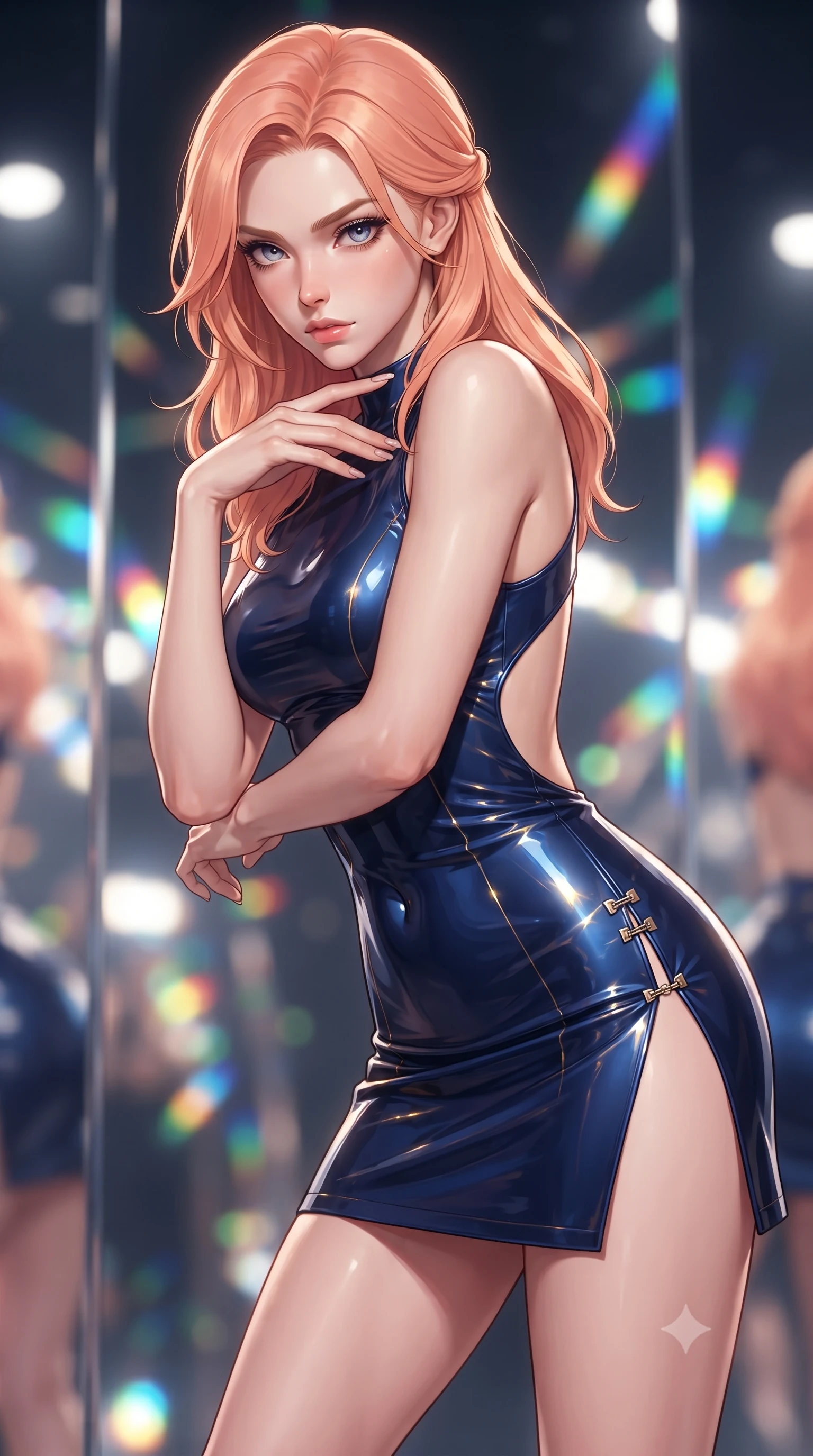 score_9, masterpiece, best quality, ultra-detailed, high-budget anime keyframe, editorial fashion photography, tasteful artistic composition, Japanese woman. close-up cowboy shot from the waist and thighs up, the character dominates the composition, filling the frame with her large presence. leaning forward with a dangerous, enticing smolder, resting one hand near her collarbone while casting a fiery, magnetic direct gaze while pausing at the intersection of giant glass mirrors with a haughty, smoldering editorial gaze. The composition keeps background elements in soft focus with creamy bokeh. infinite chrome mirror reflections and multi-colored laser beams blurred into dazzling prismatic bokeh. She has an exceptionally elegant, slender, and willowy female figure with an ultra-slim waist, a gracefully sculpted slender torso, and a refined silhouette. sharp v-shaped jawline, high-bridge nose, intricate jewel-like eyes with depth, thick eyelashes, glossy lips with a natural sheen, flawlessly proportioned anatomical accuracy, natural body alignment, perfectly sculpted elegant limbs, clean dynamic posture without body distortion. wearing a second-skin fashion-latex mini dress with a clean architectural front, featuring an open-back design that wraps around the sides of her waist, showcasing her slender silhouette in midnight sapphire blue and glowing gold filaments, formed from high-gloss patent material with specular light reflections, finished with an ultra-high side slit secured by miniature magnetic clasps, the liquid-tight fabric adhering flawlessly to her sculpted torso and slender silhouette. illuminated by sharp white editorial flash lighting with high-contrast reflective rim lights. ultra-reflective glossy finish, specular highlights, metallic sheen, high-contrast stereoscopic depth, volumetric dynamic lighting, 2k, ultra detail, master piece, 9:16 ratio