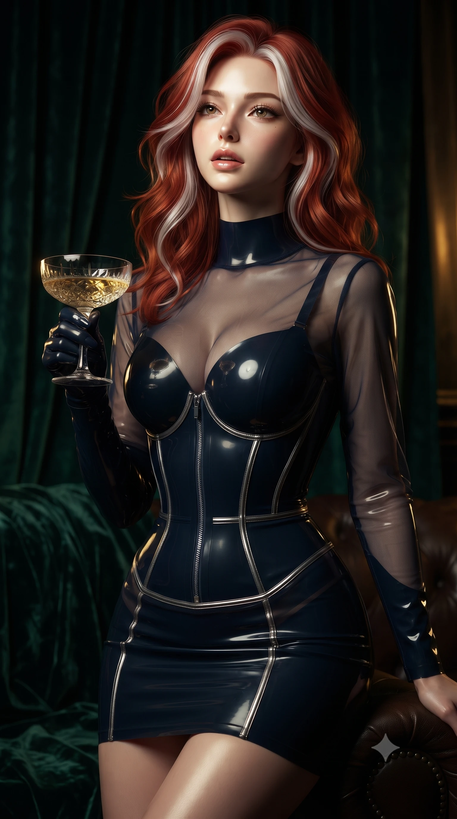 score_9, masterpiece, best quality, ultra-detailed, high-budget anime keyframe, editorial fashion photography, tasteful artistic composition, Caucasian woman. close-up cowboy shot from the waist and thighs up, the character dominates the composition, filling the frame with her large presence, background elements kept in soft focus. Tilting her chin up slightly with lips parted in a composed, magnetic expression, holding a crystal champagne coupe as soft golden light catches the liquid, crushed emerald velvet and dark leather absorbing ambient light into deep shadows. She has an exceptionally elegant, slender, and willowy female figure with an ultra-slim waist, a gracefully sculpted slender torso, and a refined silhouette. sharp v-shaped jawline, high-bridge nose, intricate jewel-like eyes with depth, thick eyelashes, glossy lips with a natural sheen. wearing glove-like fit dark navy latex bodycon mini dress in champagne gold, made of sheer dark organza overlay, finished with metallic silver boning and sleek zipper points, highlighting her statuesque proportions and ultra-slim waistline. bathed in rich dark emerald and gold tones with high-contrast shadows. ultra-reflective glossy finish, specular highlights, metallic sheen, high-contrast stereoscopic depth, volumetric dynamic lighting, 2k, ultra detail, master piece, 9:16 ratio