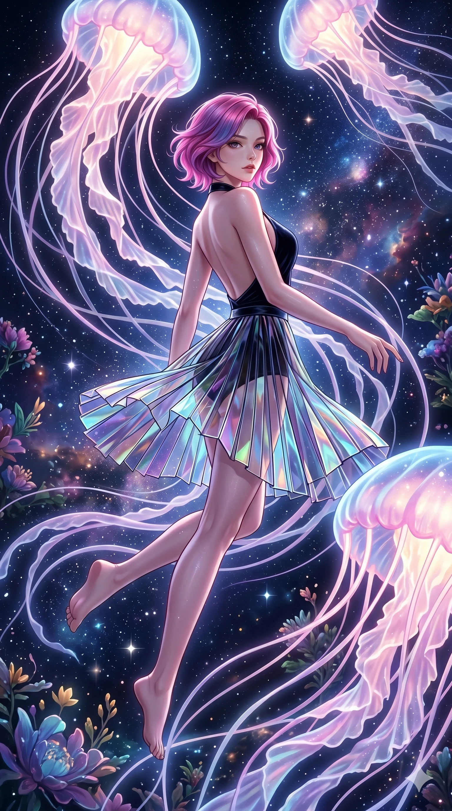 score_9, masterpiece, best quality, ultra-detailed, high-budget anime keyframe, Korean woman. low angle full-body shot filling the entire 9:16 frame with her statuesque presence, stretching the vertical silhouette. swirling gracefully among the glowing ribbon-like tentacles of giant bioluminescent jellyfish floating in a starry sky garden. She has an absolutely perfect 8-heads proportion, an exceptionally tall and slender female figure with impossibly long slender legs and an ultra-slim waist. V-shaped jawline, high-bridge nose, intricate jewel-like eyes with depth, thick eyelashes, glossy lips with a natural sheen.. wearing a fractal glass pleated skirt and a backless black velvet halter neck top, creating a dramatic and elegant silhouette. illuminated by dramatic chiaroscuro casting soft shadows along her curves, with vibrant backlighting highlighting the dust particles. 2k, ultra detail, master piece, 9:16 ratio