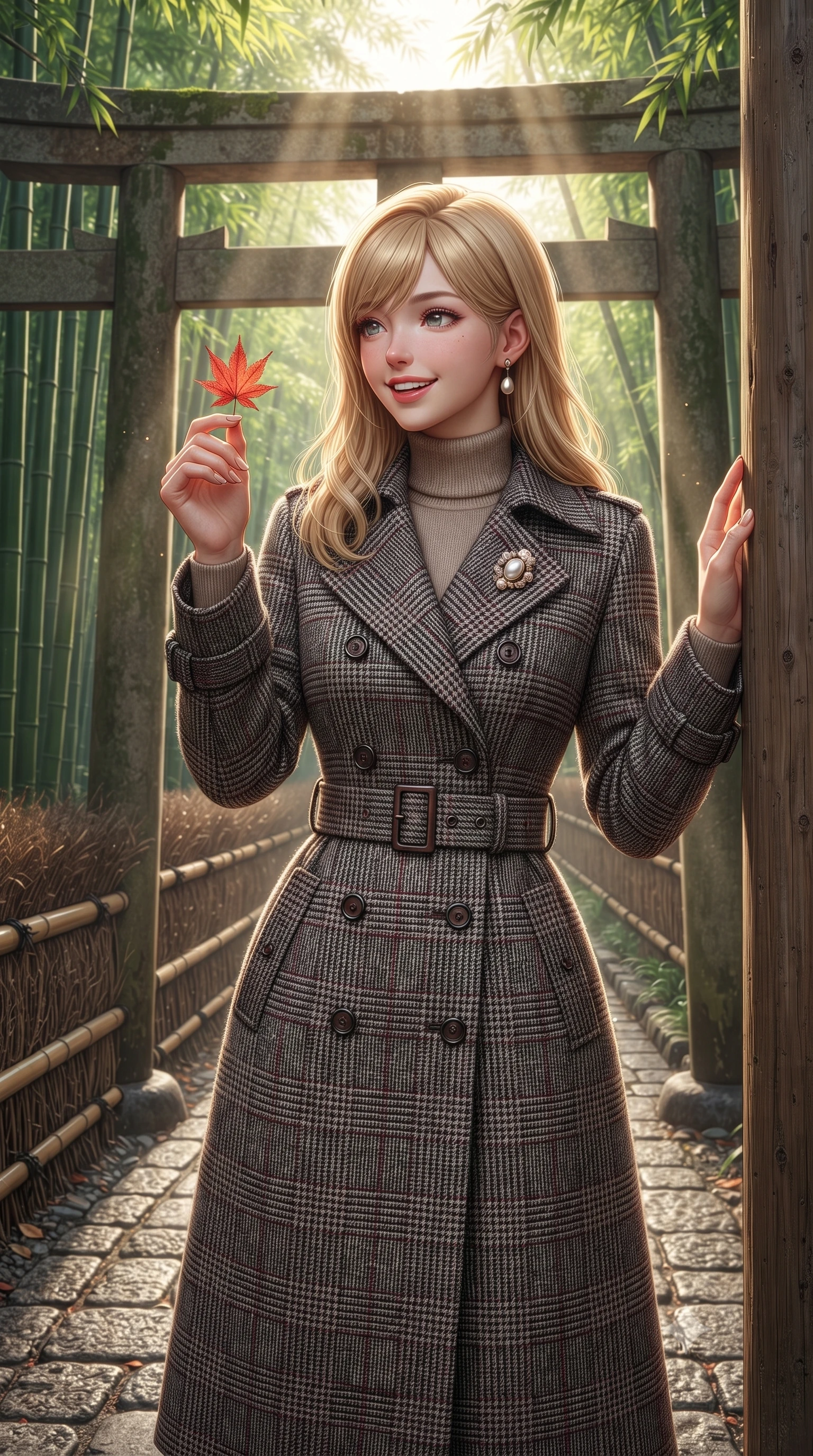 score_9, masterpiece, best quality, ultra-detailed, high-budget anime keyframe, editorial fashion photography, tasteful artistic composition, Caucasian woman. close-up cowboy shot from the waist and thighs up, the character dominates the composition, filling the frame with her large presence. holding a single autumn leaf delicately between manicured fingers, admiring it with a cheerful, parted-lip smile while pausing beside a weathered wooden torii gate entrance, one hand resting on the cedar post with timeless Kyoto charm. The surrounding environment is rendered in vivid detail and crisp panoramic clarity: sharp vertical ridges on bamboo stalks, textured cobblestones on forest path, and woven bamboo railing cordage in deep focus. She has an exceptionally elegant, slender, and willowy female figure with an ultra-slim waist, flat toned midriff, narrow ribcage, and sculpted feminine hips creating an alluring, slim hourglass silhouette without bulk. sharp v-shaped jawline, high-bridge nose, intricate jewel-like sparkling eyes with depth, thick eyelashes, glossy parted lips with a natural peach sheen, bright cheerful beaming smile with an enchanting and coquettish sensual glint, exuding both youthful cute charm and seductive allure, flawlessly proportioned anatomical accuracy, strict slender model proportions, natural body alignment, perfectly sculpted long slender limbs, ultra-slim waistline, clean dynamic posture without body distortion. wearing a classic double-breasted trench coat with a cinched waist belt worn over a fine-knit cashmere turtleneck and tailored trousers in classic glen plaid monochrome with subtle wine red accent, tailored from heritage British Harris Tweed with rich multi-tonal yarn weave, complemented by an antique baroque pearl brooch pinned tastefully on the lapel, the structured cinched belt emphasizing her narrow waistline and gracefully balanced proportions with timeless haute-couture polish. bathed in ethereal shafts of morning sunlight (komorebi) piercing through dense emerald bamboo canopies. ultra-reflective glossy finish, specular highlights, rich textural contrasts, high-contrast stereoscopic depth, volumetric dynamic lighting, 2k, ultra detail, master piece, 9:16 ratio