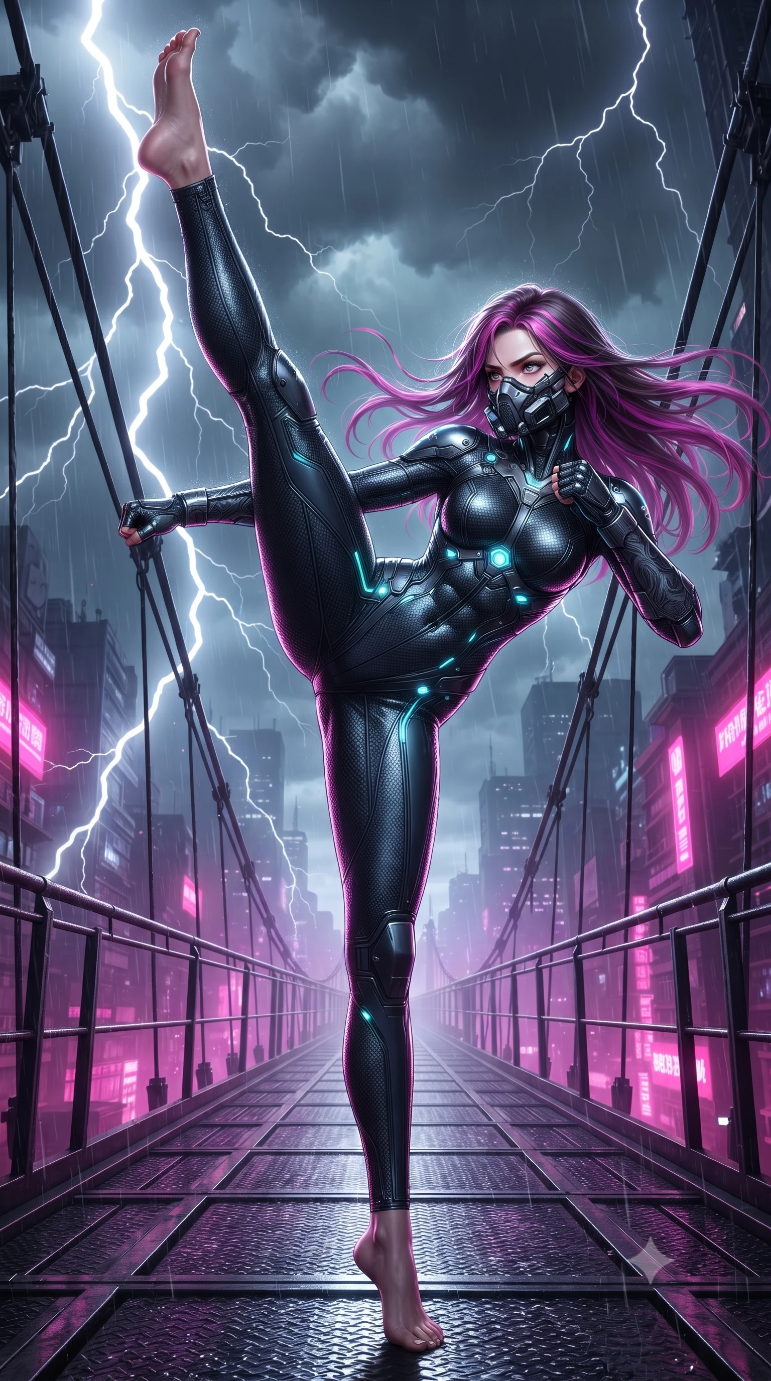 score_9, masterpiece, best quality, ultra-detailed, high-budget anime keyframe, editorial fashion photography, tasteful artistic composition, Caucasian woman. low angle full-body shot from head to toe showing her feet, filling the entire 9:16 vertical frame with her statuesque presence, stretching her vertical silhouette. executing a breathtaking zero-gravity high-kick with full 180-degree vertical extension, her impossibly long slender legs dominating the frame with razor-sharp poise while defending a narrow suspension skybridge 500 meters above a stormy megacity, her full-face transparent visor showing her fierce, focused expression. The surrounding environment is rendered in vivid detail and crisp panoramic clarity. vibrant high-contrast storm lighting and high-altitude bridge engineering captured with environmental precision. She has an absolutely perfect, statuesque 8.5-heads proportion, an exceptionally tall and slender model-like female figure with impossibly long slender legs, a toned flat midriff, and an ultra-slim waist. sharp v-shaped jawline, high-bridge nose, intricate jewel-like eyes with depth, thick eyelashes, glossy lips with a natural sheen, fierce and resolute heroine expression, flawlessly proportioned anatomical accuracy, strict slender model proportions, natural body alignment, perfectly sculpted long slender limbs, ultra-slim waistline, clean dynamic posture without body distortion. wearing a sleek titanium half-face combat rebreather guard protecting her lower jaw while leaving her expressive eyes and long hair flowing freely, paired with a skin-tight dark carbon-weave combat bodysuit with glowing neon energy conduits and reinforced Damascus-pattern forearm strike guards in matte battle-worn obsidian carbon with electric cyan hazard conduits, crafted from ultra-strong woven carbon-fiber composite with battle-tested satin luster, complemented by criss-cross back harness straps highlighting her completely bare spine, the precision-cut daring openings accentuating her delicate midriff, graceful bare collarbones, and ultra-slim feminine waistline. bathed in dramatic white lightning flashes and glowing magenta city neon ambient bounce. ultra-reflective glossy finish, specular highlights, dark metallic sheen, high-contrast stereoscopic depth, volumetric dynamic lighting, 2k, ultra detail, master piece, 9:16 ratio