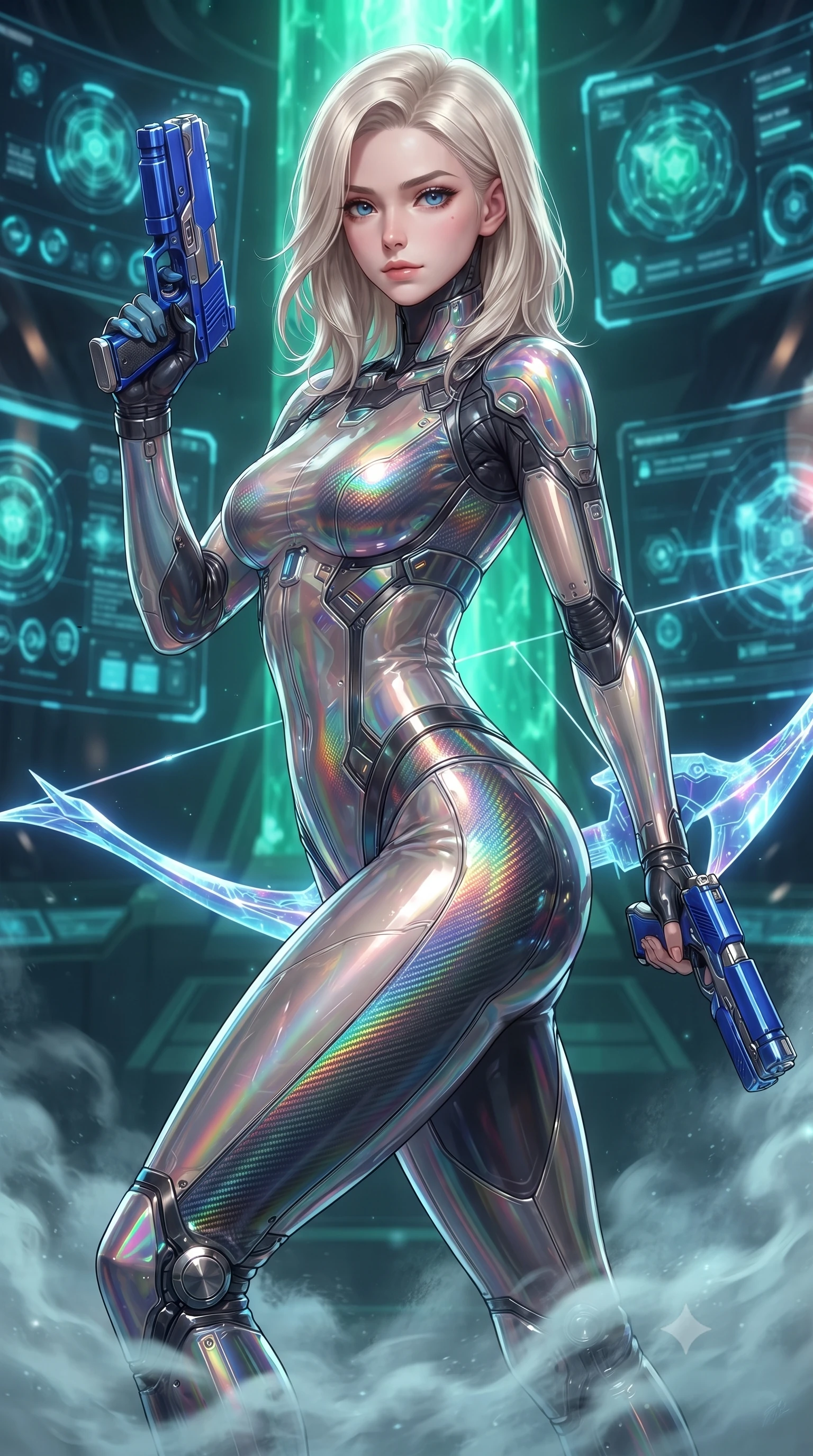 score_9, masterpiece, best quality, ultra-detailed, high-budget anime keyframe, editorial fashion photography, tasteful artistic composition, Caucasian woman. close-up cowboy shot from the waist and thighs up, the character dominates the composition, filling the frame with her large presence. twisting her upper body in a dynamic S-curve combat stance, one hand steadying her weapon with commanding supermodel allure while resting her holographic bow with calm sovereign authority as swirling coolant mist flows around her slender ankles. The surrounding environment is rendered in vivid detail and crisp panoramic clarity. razor-sharp holographic bow limb geometries, glowing photon arrow string filaments, and reactor core facets in deep focus. She has an exceptionally elegant, slender, and willowy female figure with an ultra-slim waist, a gracefully sculpted slender torso, toned flat midriff, and a refined slim silhouette. sharp v-shaped jawline, high-bridge nose, intricate jewel-like eyes with depth, thick eyelashes, glossy lips with a natural sheen, flawlessly proportioned anatomical accuracy, strict slender model proportions, natural body alignment, perfectly sculpted long slender limbs, ultra-slim waistline, clean dynamic posture without body distortion. wearing a high-gloss iridescent rainbow carbon-weave bodysuit with translucent cybernetic panels, brandishing dual sleek chrome particle beam pistols in a dynamic combat stance in electric cobalt blue carbon with polished platinum trim, crafted from ultra-strong woven carbon-fiber composite with a satin luster, finished with high-mobility articulation joints and miniature magnetic armor locks, the glove-like aerodynamic second-skin fit tightly clinging to her ultra-slender waist and athletic curves without adding bulk, accentuating her razor-sharp statuesque lines and slim hourglass silhouette. bathed in intense radiant emerald crystal core backlighting and glowing photon bow illumination. ultra-reflective glossy finish, specular highlights, dark metallic sheen, high-contrast stereoscopic depth, volumetric dynamic lighting, 2k, ultra detail, master piece, 9:16 ratio