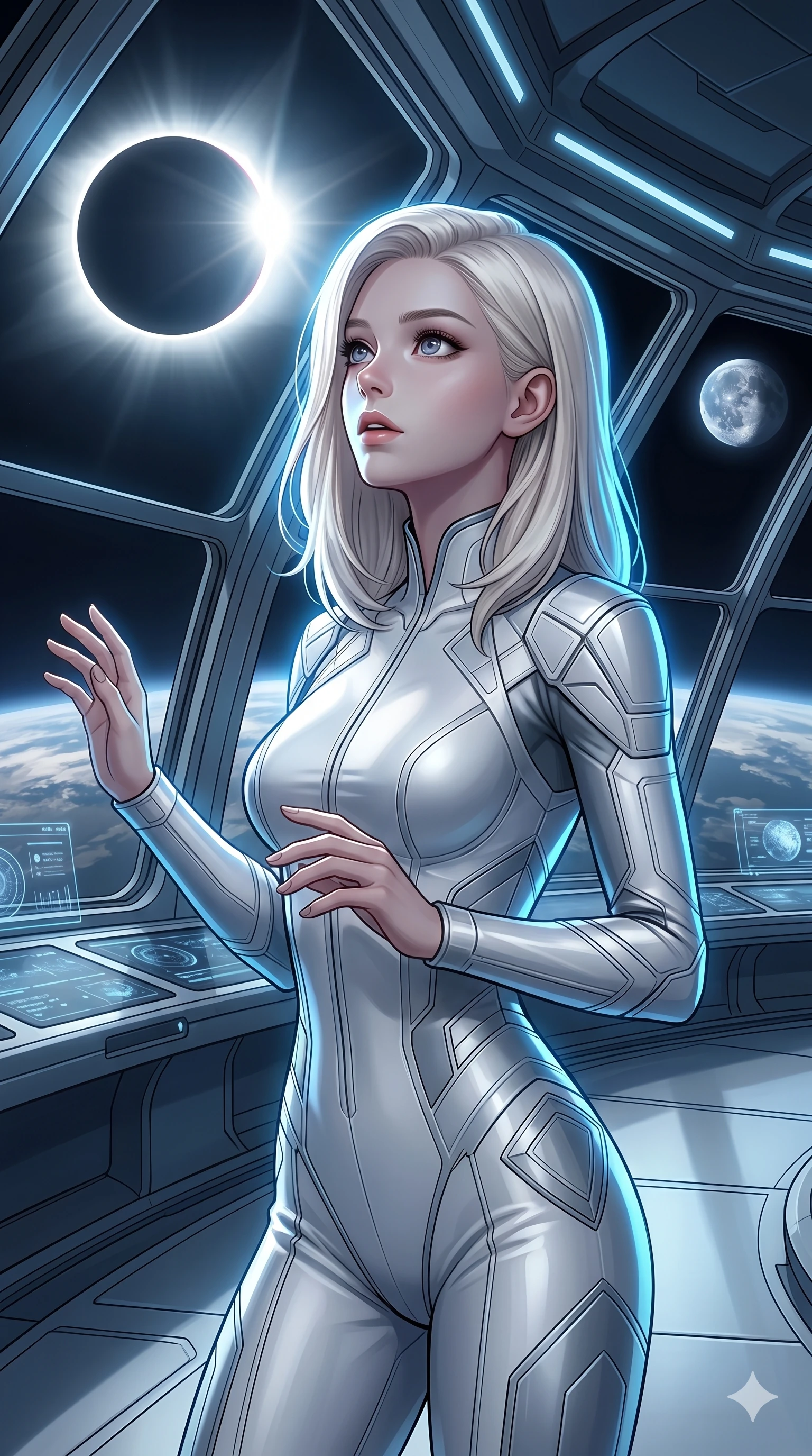 score_9, masterpiece, best quality, ultra-detailed, high-budget anime keyframe, editorial fashion photography, tasteful artistic composition, Caucasian woman, strictly human ears. Upper body close-up from the thighs up, character filling the screen for maximum presence. Inside a biotech dome observation deck during a solar eclipse, watching the eclipse with an awe-struck, serene expression. She is wearing a sleek white and silver jumpsuit with structured shoulder panels. The scene is bathed in the dramatic silver light of the eclipse and a sharp blue rim light. 2k, ultra detail, master piece, 9:16 ratio