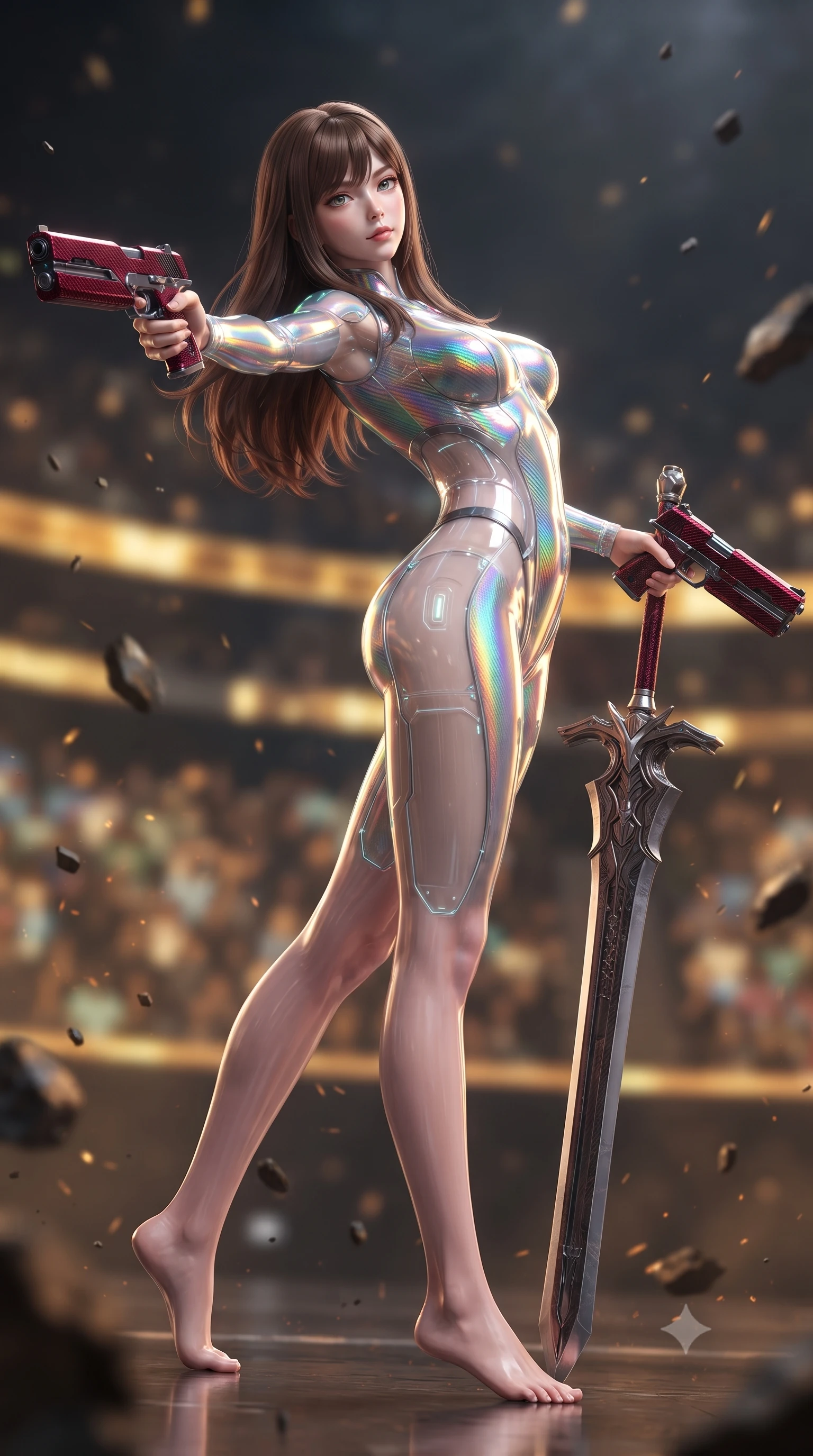 score_9, masterpiece, best quality, ultra-detailed, high-budget anime keyframe, editorial fashion photography, tasteful artistic composition, Korean woman. low angle full-body shot from head to toe showing her feet, filling the entire 9:16 vertical frame with her statuesque presence, stretching her vertical silhouette. arching her spine in a fluid zero-gravity combat turn with sovereign grace, her long slender legs and sculpted torso creating a sweeping line of power while pivoting dynamically as she plants the colossal greatsword tip into the ground, leaning on the hilt with sovereign poise. The composition keeps background elements in soft focus with creamy bokeh. holographic colosseum spectator stands and floating debris blurred into rich amber, gold, and charcoal bokeh. She has an absolutely perfect, statuesque 8.5-heads proportion, an exceptionally tall and slender model-like female figure with impossibly long slender legs, a toned flat midriff, and an ultra-slim waist. sharp v-shaped jawline, high-bridge nose, intricate jewel-like eyes with depth, thick eyelashes, glossy lips with a natural sheen, flawlessly proportioned anatomical accuracy, strict slender model proportions, natural body alignment, perfectly sculpted long slender limbs, ultra-slim waistline, clean dynamic posture without body distortion. wearing a high-gloss iridescent rainbow carbon-weave bodysuit with translucent cybernetic panels, brandishing dual sleek chrome particle beam pistols in a dynamic combat stance in deep crimson carbon weave with specular dark chrome accents, crafted from semi-translucent cybernetic carbon-vinyl interwoven with glowing micro-filaments, finished with high-mobility articulation joints and miniature magnetic armor locks, the form-contouring material adhering flawlessly to her sculpted flat midriff and slender torso, emphasizing her long leg lines and perfectly proportioned willowy build. surrounded by an invincible, royal, and fiercely captivating cyber-gladiator empress aura. ultra-reflective glossy finish, specular highlights, dark metallic sheen, high-contrast stereoscopic depth, volumetric dynamic lighting, 2k, ultra detail, master piece, 9:16 ratio