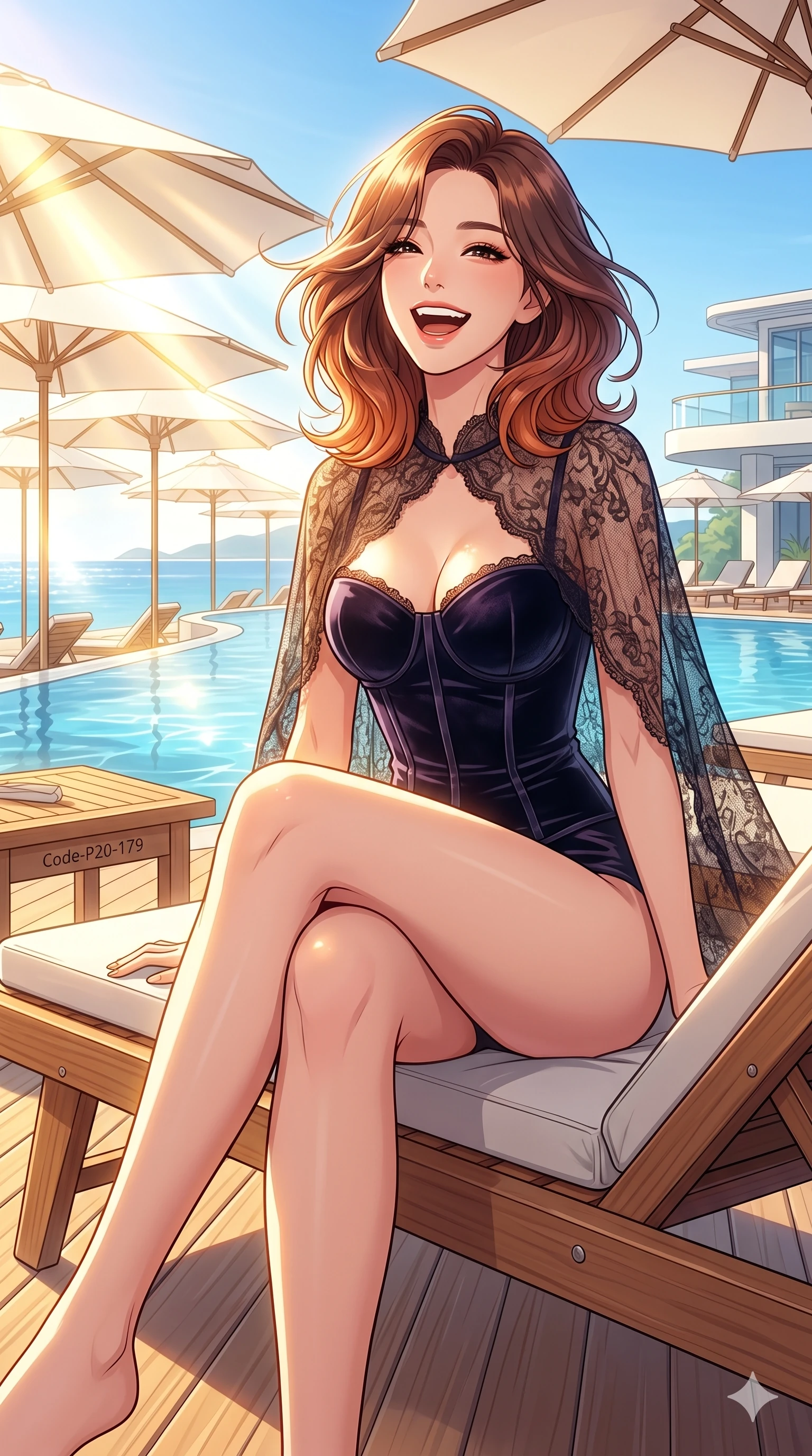 score_9, masterpiece, best quality, ultra-detailed, high-budget anime keyframe, vibrant anime aesthetic, Korean woman. cowboy shot from the thighs up, character and outfit filling the frame for maximum presence. She is sitting by the resort pool, laughing wind-swept and happy in the morning rays on a luxury yacht sun-deck with morning breeze (Code-P20-179). She has an absolutely perfect 8-heads proportion, an exceptionally tall and slender female figure with impossibly long slender legs and an ultra-slim waist. V-shaped jawline, high-bridge nose, intricate jewel-like eyes with depth, thick eyelashes, glossy lips with a natural sheen. wearing a dark velvet corset combined with a sheer lace cape. She is surrounded by bright sunbeams reflecting off white umbrellas, creating a luminous glow. 2k, ultra detail, master piece, 9:16 ratio