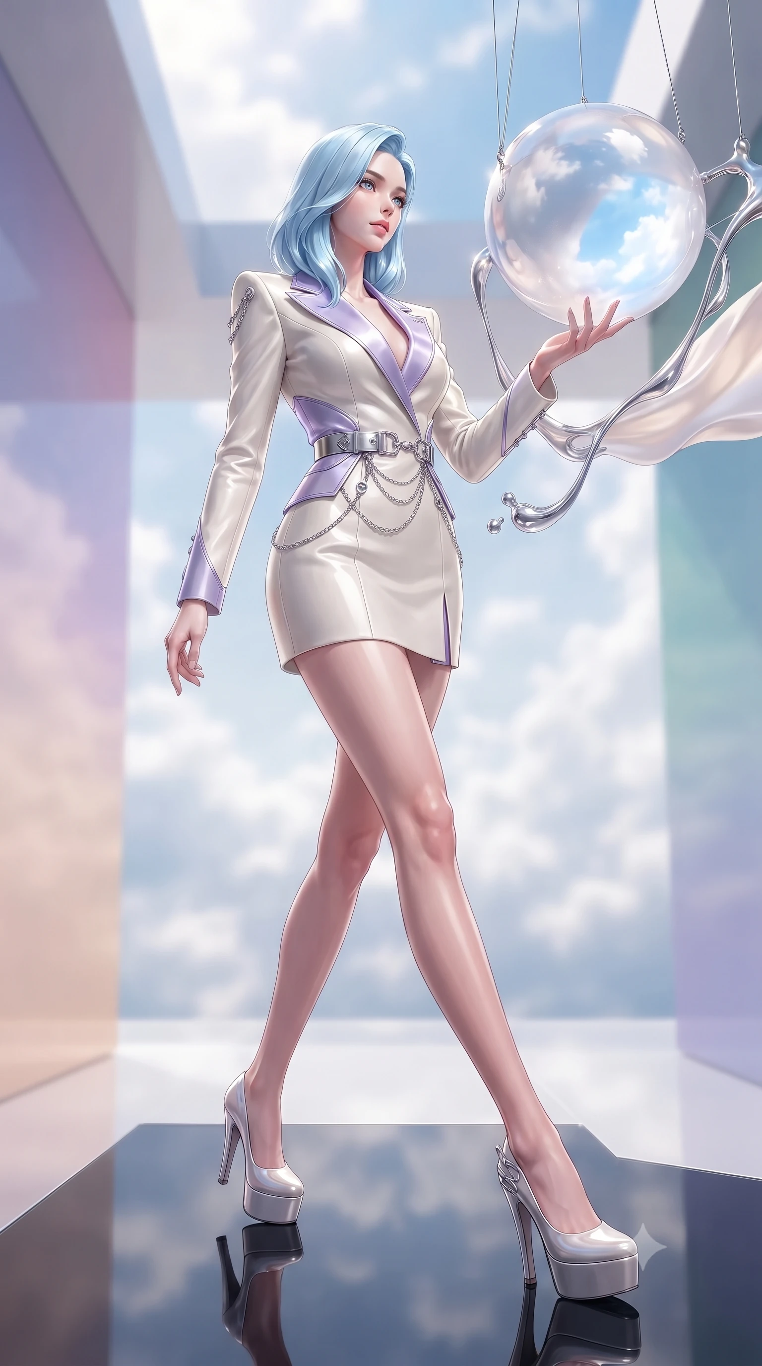 score_9, masterpiece, best quality, ultra-detailed, high-budget anime keyframe, editorial fashion photography, tasteful artistic composition, Korean woman. low angle full-body shot from head to toe showing her feet, filling the entire 9:16 vertical frame with her statuesque presence, stretching her vertical silhouette. stepping gracefully through the radiant environment, stretching her statuesque silhouette, touching a suspended sphere of liquid pearl reflecting a bright sky full of clouds, sculptural elegance of liquid metal contrasting with soft silk textures. She has an absolutely perfect, statuesque 8.5-heads proportion, an exceptionally tall and slender model-like female figure with impossibly long slender legs and an ultra-slim waist. sharp v-shaped jawline, high-bridge nose, intricate jewel-like eyes with depth, thick eyelashes, glossy lips with a natural sheen. wearing tailored ivory tux dress with satin lapels and fitted waist in pastel lavender violet, made of sculpted platinum chrome, framed by polished silver buckles and delicate chain details, following her slender form with tailored precision. illuminated by ultra-bright specular highlights reflecting off liquid pearl. highly saturated vibrant anime colors, detailed shading with soft gradients, rich glossy textures, high-contrast stereoscopic depth, volumetric dynamic lighting, master piece, 9:16 ratio