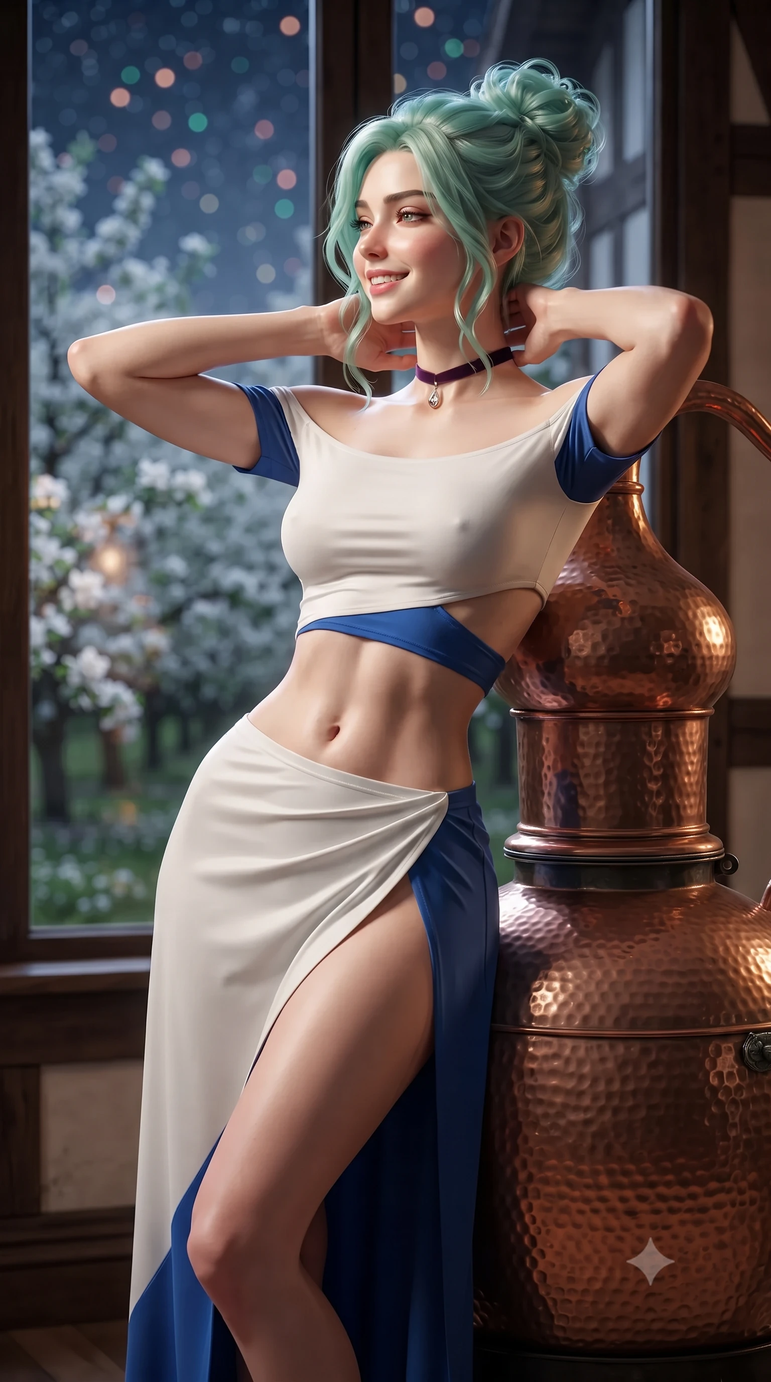 score_9, masterpiece, best quality, ultra-detailed, high-budget anime keyframe, editorial fashion photography, tasteful artistic composition, Japanese woman. close-up cowboy shot from the waist and thighs up, the character dominates the composition, filling the frame with her large presence. resting both hands lightly behind her neck with elbows raised, arching her spine to highlight her narrow waist, flat midriff, and breathtaking collarbones while leaning against the antique hammered copper cider alembic with hips cocked back, looking into moonlit orchard rows with heavy-lidded bedroom-eyes. The background shows a soft-focus illuminated white apple blossom branches outside glass, historic half-timbered Norman manor walls, and starry night sky blurred into blush, copper, and emerald bokeh. She has an exceptionally elegant, slender, and willowy female figure with an ultra-slim waist, flat toned midriff, narrow ribcage, and sculpted feminine hips creating an alluring, slim hourglass silhouette without bulk. sharp v-shaped jawline, high-bridge nose, intricate jewel-like sparkling eyes with depth, thick eyelashes, glossy parted lips with a natural peach sheen, bright cheerful beaming smile with an enchanting and coquettish sensual glint, exuding both youthful cute charm and seductive allure, flawlessly proportioned anatomical accuracy, strict slender model proportions, natural body alignment, perfectly sculpted long slender limbs, ultra-slim waistline, clean dynamic posture without body distortion. wearing an alluring off-the-shoulder crop top with asymmetrical side-torso cutouts and a high-slit wrap skirt in Normandy Étretat alabaster chalk white and Atlantic cobalt, made of fluid liquid jersey with seamless sculpting hold and smooth contours, finished with a thin velvet ribbon choker and a single teardrop diamond pendant, the glove-like clinging cut tightly following the natural contour of her hips and long slender legs with youthful 8.5-heads elegance. illuminated by copper vessel reflection bounce and sharp rose-gold rim lights sculpting her jawline, narrow waist, and curvy hips. ultra-reflective glossy finish, specular highlights, rich textural contrasts, high-contrast stereoscopic depth, volumetric dynamic lighting, 2k, ultra detail, master piece, 9:16 ratio