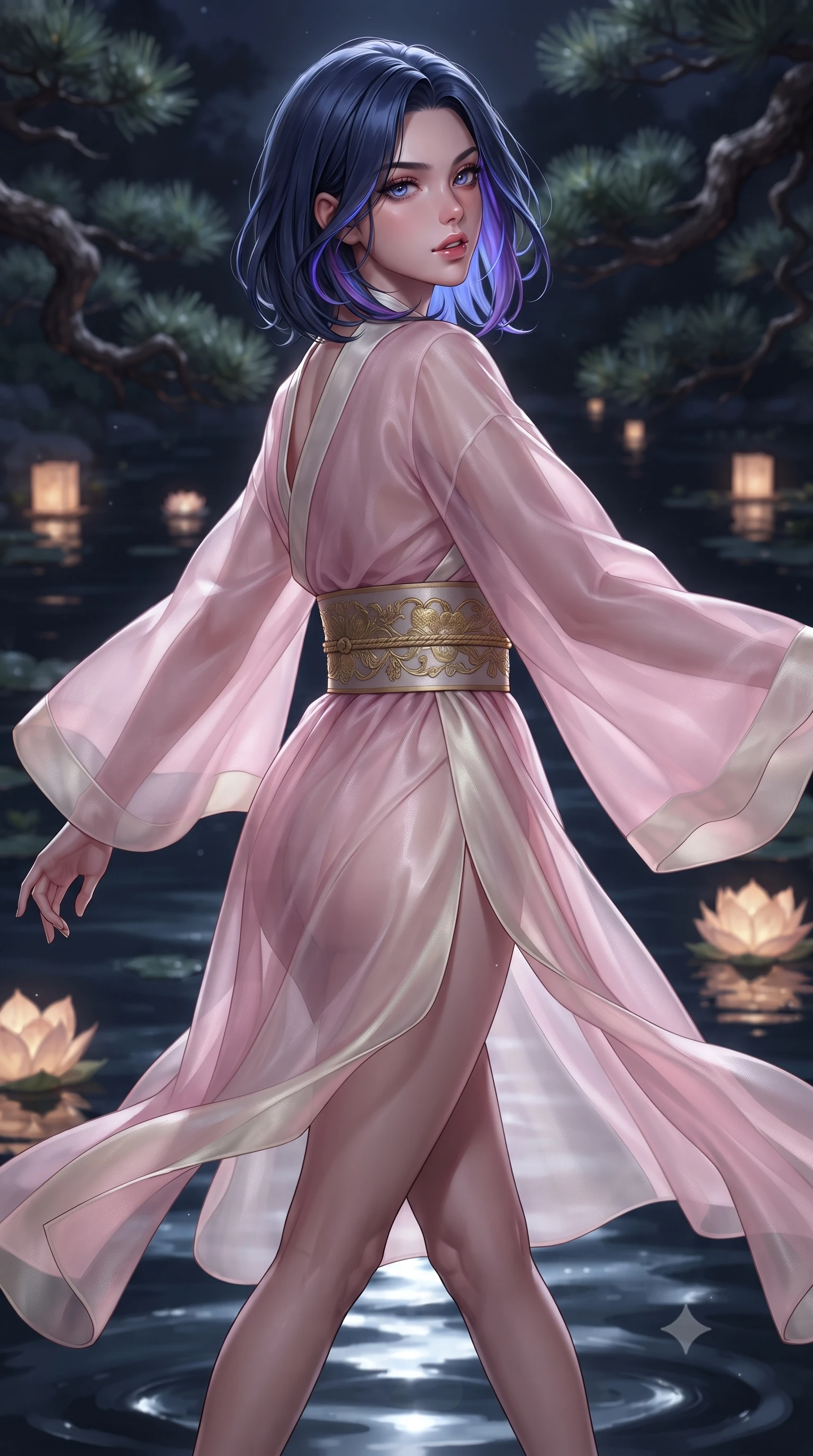 score_9, masterpiece, best quality, ultra-detailed, high-budget anime keyframe, editorial fashion photography, tasteful artistic composition, Caucasian woman. low angle full-body shot from head to toe showing her feet, filling the entire 9:16 vertical frame with her statuesque presence, stretching her vertical silhouette. executing a graceful dancer pivot turn as her layered silk chima skirt flutters around her slender legs, glancing over her shoulder with an intoxicating bedroom-gaze while twisting her slender torso in an alluring S-curve, silver moonbeams rippling across the dark water surface and highlighting her narrow waist and curvy hips. The background shows a soft-focus ancient gnarled pine branches and floating paper lotus lanterns softened in royal Joseon shallow focus. She has an absolutely perfect, statuesque 8.5-heads proportion, an exceptionally tall and slender model-like female figure with impossibly long slender legs, an ultra-slim waist, a flat toned midriff, narrow delicate ribcage, and beautifully sculpted feminine hips creating a graceful, slim hourglass silhouette without any bulky heaviness. sharp v-shaped jawline, high-bridge nose, intricate jewel-like dark sparkling almond eyes with depth, thick lashes, glossy parted lips with a natural rose-plum sheen, bright alluring and coquettish smile with bedroom-eyes, exuding both timeless oriental elegance and sovereign high-fashion allure, flawlessly proportioned anatomical accuracy, strict slender model proportions, natural body alignment, perfectly sculpted long slender limbs, ultra-slim waistline, clean dynamic posture without body distortion. wearing a deep plunging-V modern kimono gown with wide flowing sleeves and a waist-cinching gold embroidered sash in soft cherry blossom pink and pearlescent ivory, tailored from sheer gossamer silk organza with an airy weightless flutter, finished with sharp laser-cut side hip slits framed by gold piping, the glove-like silhouette tightly following the natural contour of her hips and long slender legs with youthful 8.5-heads elegance. illuminated by warm paper lantern reflections on the pond water and sharp platinum rim lights defining her razor-sharp jawline, narrow waist, and curvy hips. ultra-reflective glossy finish, specular highlights, rich textural contrasts, high-contrast stereoscopic depth, volumetric dynamic lighting, 2k, ultra detail, master piece, 9:16 ratio