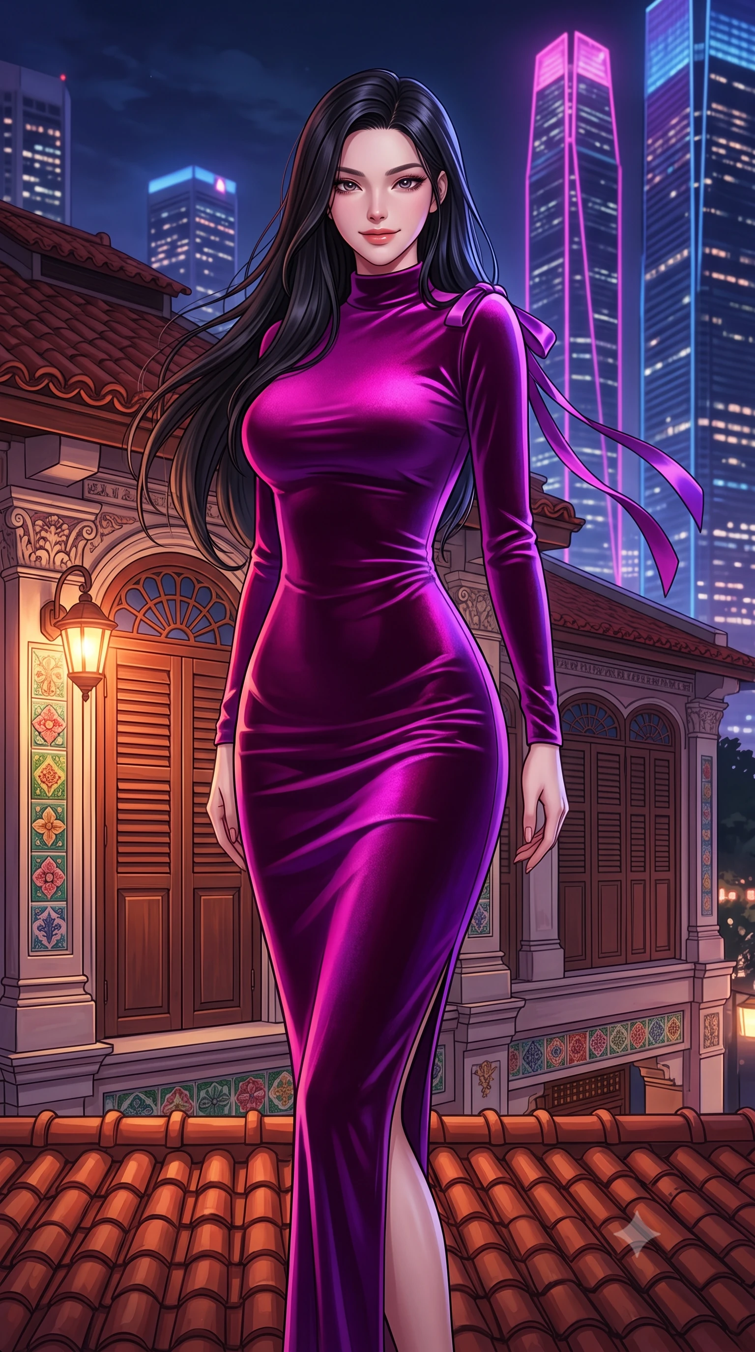score_9, masterpiece, best quality, ultra-detailed, high-budget anime keyframe, semi-realistic 3D game render, editorial fashion photography, tasteful artistic composition, Korean woman. close-up cowboy shot from the waist and thighs up, the character dominates the composition, filling the frame with her large presence. turning slowly with an enchanting smoldering smile, her glossy hair tossing in the breeze as her hips angle gracefully in a captivating contrapposto while standing poised on the restored terracotta tile rooftop of the historic Peranakan shophouse, arching her spine with femme-fatale poise as ultra-modern glass skyscrapers tower all around. The surrounding environment is rendered in vivid detail and crisp panoramic clarity: sharp hand-painted Peranakan majolica ceramic tile relief, historic timber louver shutter details, and cocktail glass facets in deep focus. She has an exceptionally elegant, slender, and willowy female figure with an ultra-slim waist, flat toned midriff, narrow ribcage, and sculpted feminine hips creating an alluring, slim hourglass silhouette without bulk. sharp v-shaped jawline, high-bridge nose, intricate jewel-like sparkling eyes with depth, thick eyelashes, glossy parted lips with a natural peach sheen, bright cheerful beaming smile with an enchanting and coquettish sensual glint, exuding both youthful cute charm and seductive allure, flawlessly proportioned anatomical accuracy, strict slender model proportions, natural body alignment, perfectly sculpted long slender limbs, ultra-slim waistline, clean dynamic posture without body distortion. wearing a tailored velvet bodycon cocktail dress with long fitted sleeves and mock neck in Supertree bioluminescent magenta and electric violet, tailored from ultra-plush silk velvet with rich tactile depth and deep shadow gradients, finished with satin ribbon ties at the shoulders fluttering in the gentle breeze, the liquid-tight tailored fabric clinging flawlessly to her narrow waist and rounded feminine hips, emphasizing every millimeter of her sculpted slim hourglass curves without any bulky heaviness. bathed in the warm golden 2300K glow of vintage brass lamps mixed with electric magenta and sapphire city skyscraper reflections. highly saturated vibrant anime colors, detailed shading with soft gradients, rich glossy textures, high-contrast stereoscopic depth, volumetric dynamic lighting, master piece, 9:16 ratio