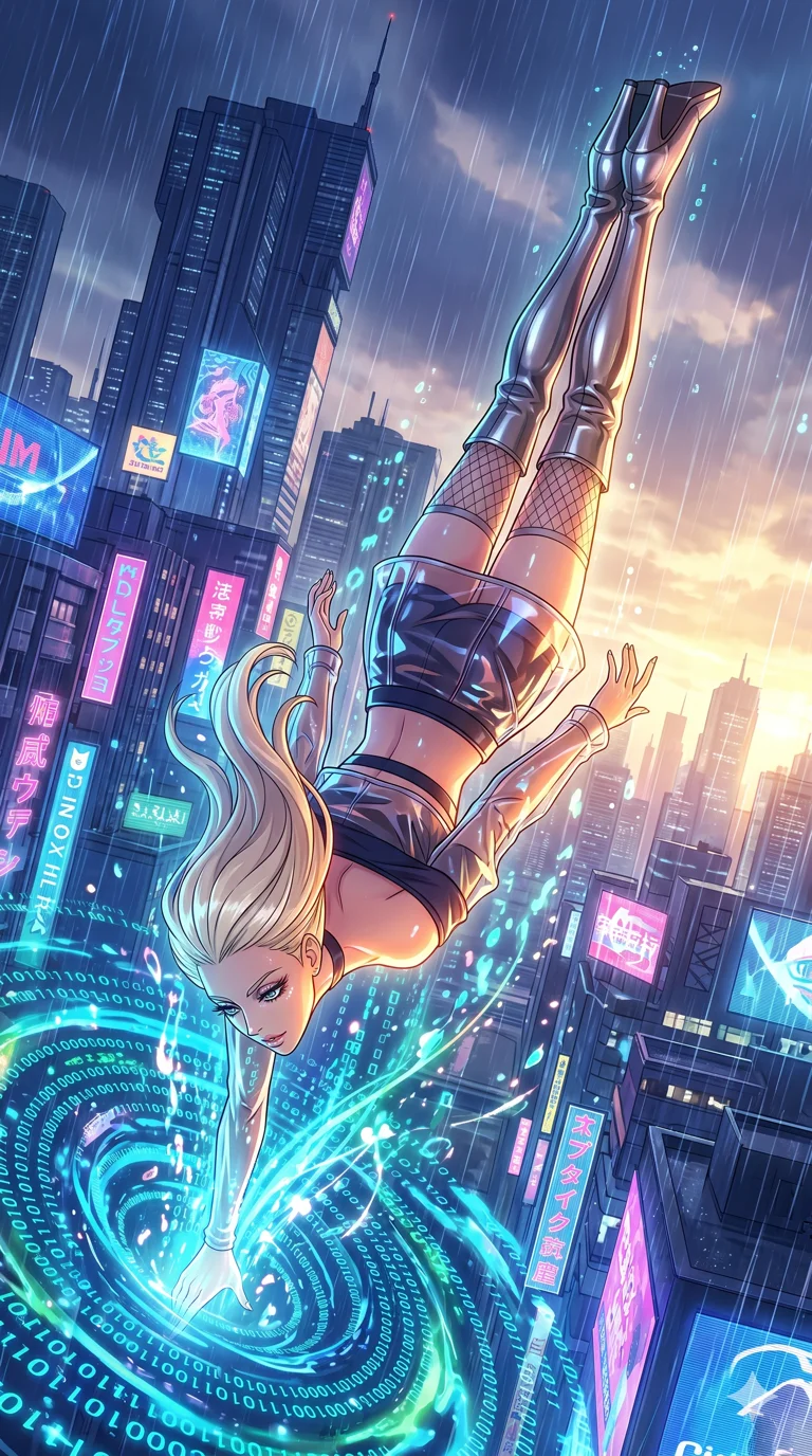 score_9, masterpiece, best quality, ultra-detailed, High-budget Anime Keyframe, vibrant colors, fluid line-art, expressive lighting, cinematic composition, Ufotable-style visual effects, top-tier animation quality, Caucasian woman with pale skin, blonde hair, and (strictly human ears). Dynamic full-body shot stretching the vertical silhouette, capturing her from a powerful low-angle perspective. Diving into a vast sea of digital code and liquid light, her form becoming one with the stream of information. She has an absolutely perfect 8-heads proportion, an exceptionally tall and slender female figure with impossibly long slender legs and an ultra-slim waist, her statuesque height and towering silhouette dominating the vertical 9:16 frame. Her face is a masterpiece featuring a sharp v-shaped jawline, high-bridge nose, intricate jewel-like eyes with depth, thick eyelashes, and glossy lips with a natural sheen. She is wearing a Off-shoulder crop top paired with micro-skirts and thigh-high fishnet stockings crafted from Transparent PVC with a high-gloss finish that reveals the intricate layers beneath, accompanied by sensual fishnet stockings and thigh-high metallic boots. The scene is set in a sprawling cyberpunk metropolis in heavy rain with vibrant neon glows reflecting on every surface, illuminated by golden hour sunlight that gives her skin a warm, radiant glow. 2k, ultra detail, master piece, 9:16 ratio