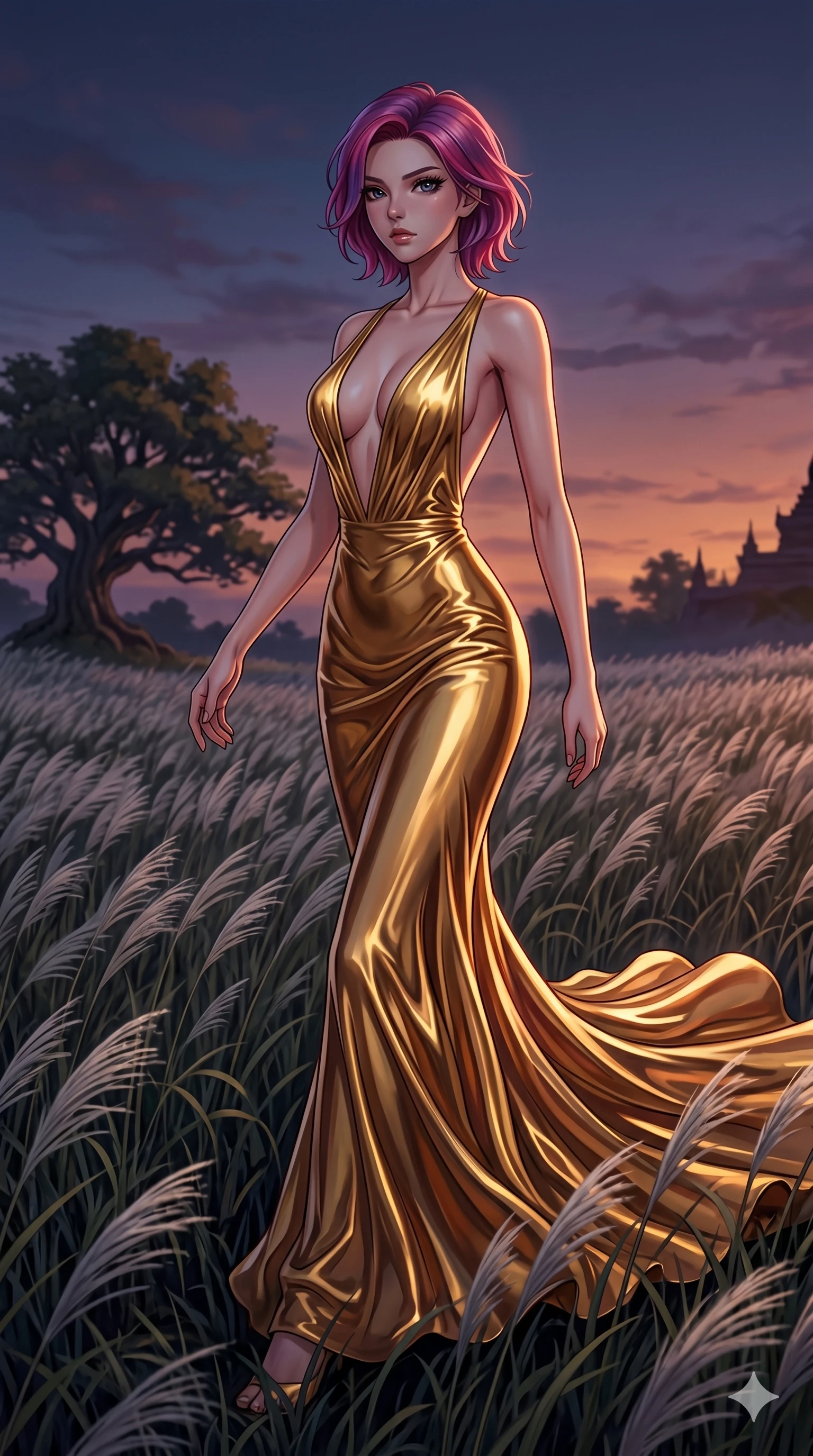 score_9, masterpiece, best quality, ultra-detailed, High-budget Anime Keyframe, East Asian woman. Dynamic full-body shot stretching the vertical silhouette to the limit. Scenario 48: Walking through a field of tall silver grass at twilight. Her presence is magnetic and overpowering in this high-budget anime scene. Outfit 48: A molten liquid silk gold with a plunging V-neckline and tight-fitting silhouette. The clothing is designed to emphasize her exceptionally tall and slender 8-heads proportion. 8-heads proportion, towering silhouette, ultra-slim waist. sharp v-shaped jawline, intricate jewel-like eyes with depth, thick eyelashes, glossy lips. 2k, ultra detail, master piece, 9:16 ratio