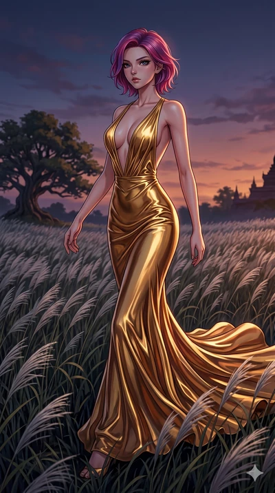 score_9, masterpiece, best quality, ultra-detailed, High-budget Anime Keyframe, East Asian woman. Dynamic full-body shot stretching the vertical silhouette to the limit. Scenario 48: Walking through a field of tall silver grass at twilight. Her prese