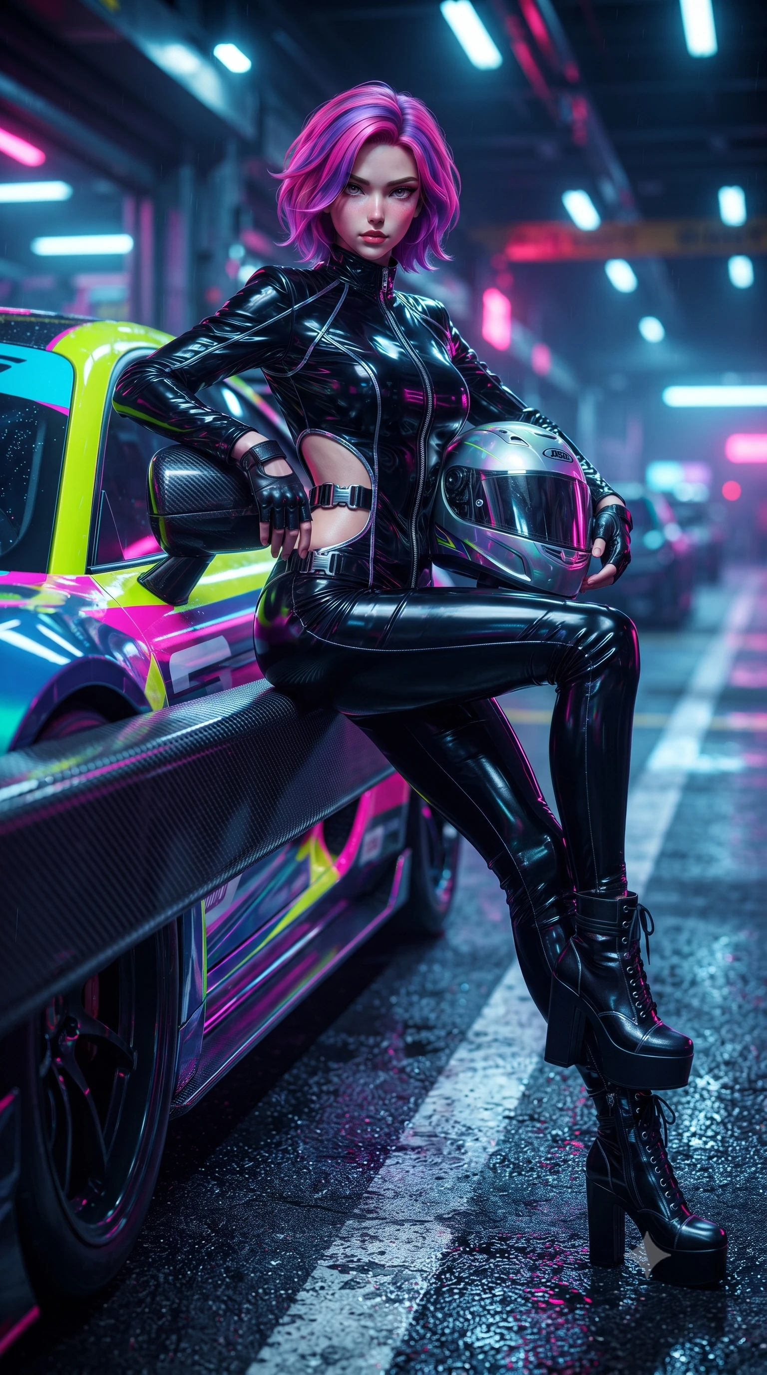 score_9, masterpiece, best quality, ultra-detailed, high-budget anime keyframe, editorial fashion photography, tasteful artistic composition, Caucasian woman. low angle full-body shot from head to toe showing her feet, filling the entire 9:16 vertical frame with her statuesque presence, stretching her vertical silhouette. sitting poised on the elevated edge with legs crossed and extended, her tall 8.5-heads proportions dominating the scene with effortless poise while leaning deep against the driver's side door with hips cocked, helmet resting against her hip, smoldering gaze locking onto the lens. The surrounding environment is rendered in vivid detail and crisp panoramic clarity. vibrant high-contrast cyberpunk motorsport chiaroscuro and raw high-speed racing adrenaline in precision. She has an absolutely perfect, statuesque 8.5-heads proportion, an exceptionally tall and slender model-like female figure with impossibly long slender legs, a toned flat midriff, and an ultra-slim waist. sharp v-shaped jawline, high-bridge nose, intricate jewel-like eyes with depth, thick eyelashes, glossy parted lips with a natural sheen, intensely captivating and seductive expression, flawlessly proportioned anatomical accuracy, strict slender model proportions, natural body alignment, perfectly sculpted long slender limbs, ultra-slim waistline, clean dynamic posture without body distortion. wearing a high-collar leather speedsuit featuring bold side-torso cutouts and quick-release titanium buckles in pitch-black vinyl and specular chrome trim, crafted from compression knit fabric sculpting her athletic hourglass lines, accessorized with bold platform racing boots and fingerless leather gloves, the athletic second-skin cut highlighting her toned flat midriff and slender model proportions during dynamic action. illuminated by wet specular asphalt bounce lights sculpting her toned midriff, slender waist, and long legs. ultra-reflective glossy finish, specular highlights, rich textural contrasts, high-contrast stereoscopic depth, volumetric dynamic lighting, 2k, ultra detail, master piece, 9:16 ratio