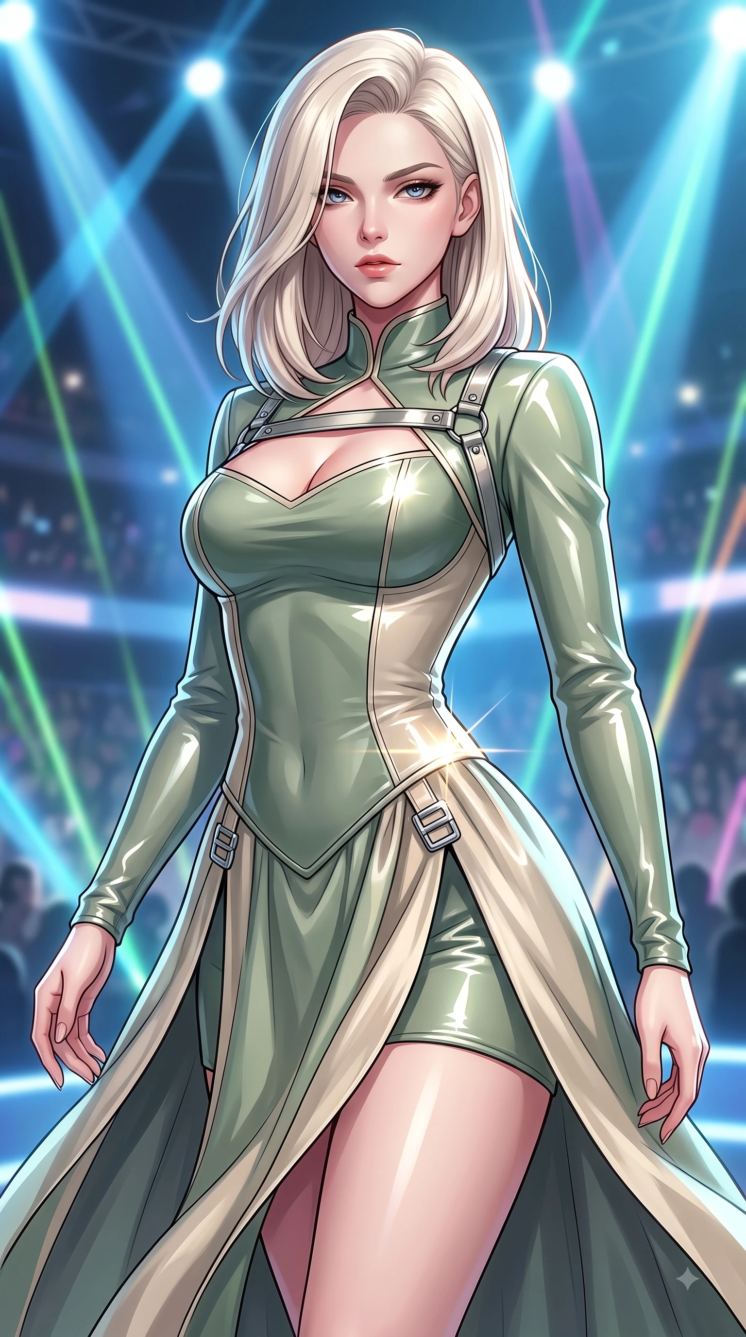score_9, masterpiece, best quality, ultra-detailed, high-budget anime keyframe, editorial fashion photography, tasteful artistic composition, Caucasian woman. close-up cowboy shot from the waist and thighs up, the character dominates the composition, filling the frame with her large presence, background elements kept in soft focus. Gazing past the lens with smoldering intensity as her torso curves dynamically in mid-stride while holding a powerful, seductive stage pose under intense laser beams on a stadium concert stage, metallic harness accents and chrome buckles catching sharp specular sunbursts. She has an exceptionally elegant, slender, and willowy female figure with an ultra-slim waist, a gracefully sculpted slender torso, and a refined silhouette. sharp v-shaped jawline, high-bridge nose, intricate jewel-like eyes with depth, thick eyelashes, glossy lips with a natural sheen, flawlessly proportioned anatomical accuracy, natural body alignment, perfectly sculpted elegant limbs, clean dynamic posture without body distortion. wearing a modern fusion silk hanbok dress with a structured bodice and flowing skirt in sage green and oatmeal, tailored from high-gloss patent leather, accented with a Tasteful chest slit framing her clavicle gracefully, the sleek second-skin texture accentuating her magnetic presence. surrounded by an electric, high-energy performer aura with sharp shadows. highly saturated vibrant anime colors, detailed shading with soft gradients, rich glossy textures, high-contrast stereoscopic depth, volumetric dynamic lighting, master piece, 9:16 ratio