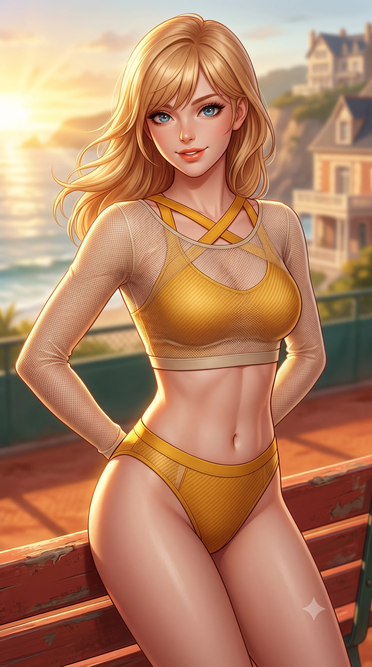 score_9, masterpiece, best quality, ultra-detailed, high-budget anime keyframe, semi-realistic 3D game render, editorial fashion photography, tasteful artistic composition, Caucasian woman. close-up cowboy shot from the waist and thighs up, the character dominates the composition, filling the frame with her large presence. resting both hands lightly behind her back while leaning toward the lens with a cheerful, teasing grin, her form-fitting athletic suit hugging her narrow waist and hip curve while leaning against the red clay court bench with hips cocked back, looking into the lens with an enchanting, wind-swept tennis smile. The background shows a soft-focus Belle Époque cliffside hotel villas softened in breezy coastal country club shallow focus. She has an exceptionally elegant, slender, and willowy female figure with an ultra-slim waist, flat toned midriff, narrow ribcage, and sculpted feminine hips creating an alluring, slim hourglass silhouette without bulk. sharp v-shaped jawline, high-bridge nose, sparkling eyes with athletic focus and depth, thick curled eyelashes, glossy parted lips with a natural coral-peach sheen, bright confident and coquettish smile with alluring bedroom-eyes, exuding both youthful sporty vigor and sovereign high-society glamour, flawlessly proportioned anatomical accuracy, strict slender model proportions, natural body alignment, perfectly sculpted long slender limbs, ultra-slim waistline, clean dynamic posture without body distortion. wearing a sheer athletic mesh long-sleeve crop top layered over an opaque racing bralette and high-cut tennis briefs in warm oatmeal beige and deep Ferrari yellow, tailored from lightweight aerodynamic carbon-fiber composite with structured weave, finished with criss-cross back athletic straps highlighting her graceful shoulder blades, the form-contouring athletic cut accentuating her sculpted flat midriff, narrow delicate ribcage, and gracefully curvy hips with supermodel precision. bathed in intense golden sunset rays breaking horizontally across the Atlantic Ocean. highly saturated vibrant anime colors, detailed shading with soft gradients, rich glossy textures, high-contrast stereoscopic depth, volumetric dynamic lighting, master piece, 9:16 ratio