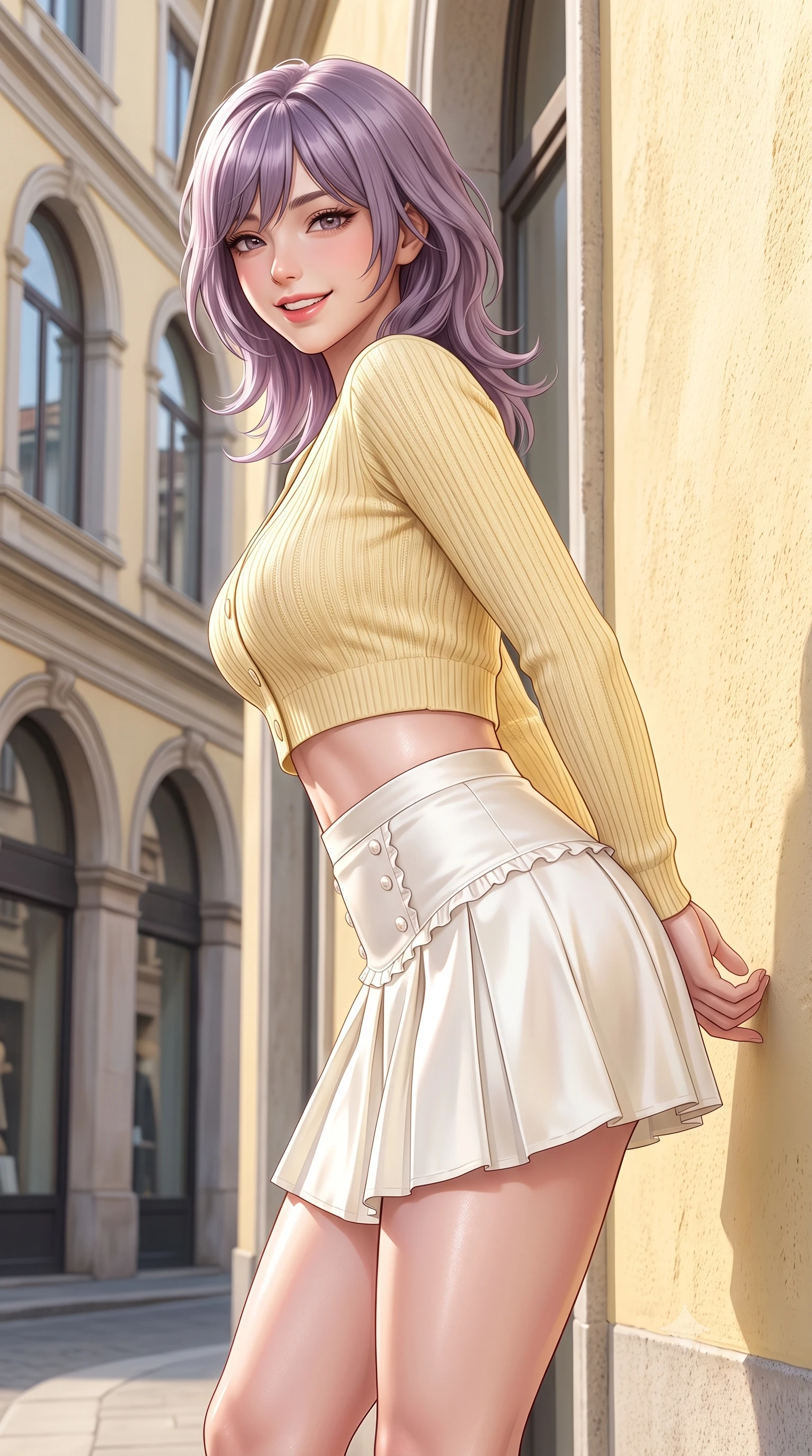score_9, masterpiece, best quality, ultra-detailed, high-budget anime keyframe, semi-realistic 3D game render, editorial fashion photography, tasteful artistic composition, Japanese woman. close-up cowboy shot from the waist and thighs up, the character dominates the composition, filling the frame with her large presence. resting both hands lightly behind her back while leaning toward the lens with a cheerful, teasing grin, her form-fitting outfit hugging her narrow waist and feminine hip curve while leaning against a pastel yellow stucco wall with hips cocked back, looking over her shoulder with an alluring, flirtatious bedroom-gaze. The surrounding environment is rendered in vivid detail and crisp panoramic clarity. detailed knit top drape, sunlight specular sheen on skin, and Brera street architecture in high resolution. She has an exceptionally elegant, slender, and willowy female figure with an ultra-slim waist, flat toned midriff, narrow ribcage, and sculpted feminine hips creating an alluring, slim hourglass silhouette without bulk. sharp v-shaped jawline, high-bridge nose, intricate jewel-like sparkling eyes with depth, thick eyelashes, glossy parted lips with a natural peach sheen, bright cheerful beaming smile with an enchanting and coquettish sensual glint, exuding both youthful cute charm and seductive allure, flawlessly proportioned anatomical accuracy, strict slender model proportions, natural body alignment, perfectly sculpted long slender limbs, ultra-slim waistline, clean dynamic posture without body distortion. wearing a cropped pastel ribbed knit cardigan paired with an ultra-short high-waisted pleated tennis skirt clinging tightly to her curvy hips in bright butter yellow and fresh cream white, made of smooth fluid silk satin with a delicate pearlescent sheen, finished with subtle ruffle trims and delicate pearl buttons, the form-contouring cut accentuating her sculpted flat midriff, narrow delicate ribcage, and gracefully curvy hips with supermodel precision. illuminated by crisp directional highlights accentuating her sculpted midriff, narrow waist, and curvy hips. highly saturated vibrant anime colors, detailed shading with soft gradients, rich glossy textures, high-contrast stereoscopic depth, volumetric dynamic lighting, master piece, 9:16 ratio