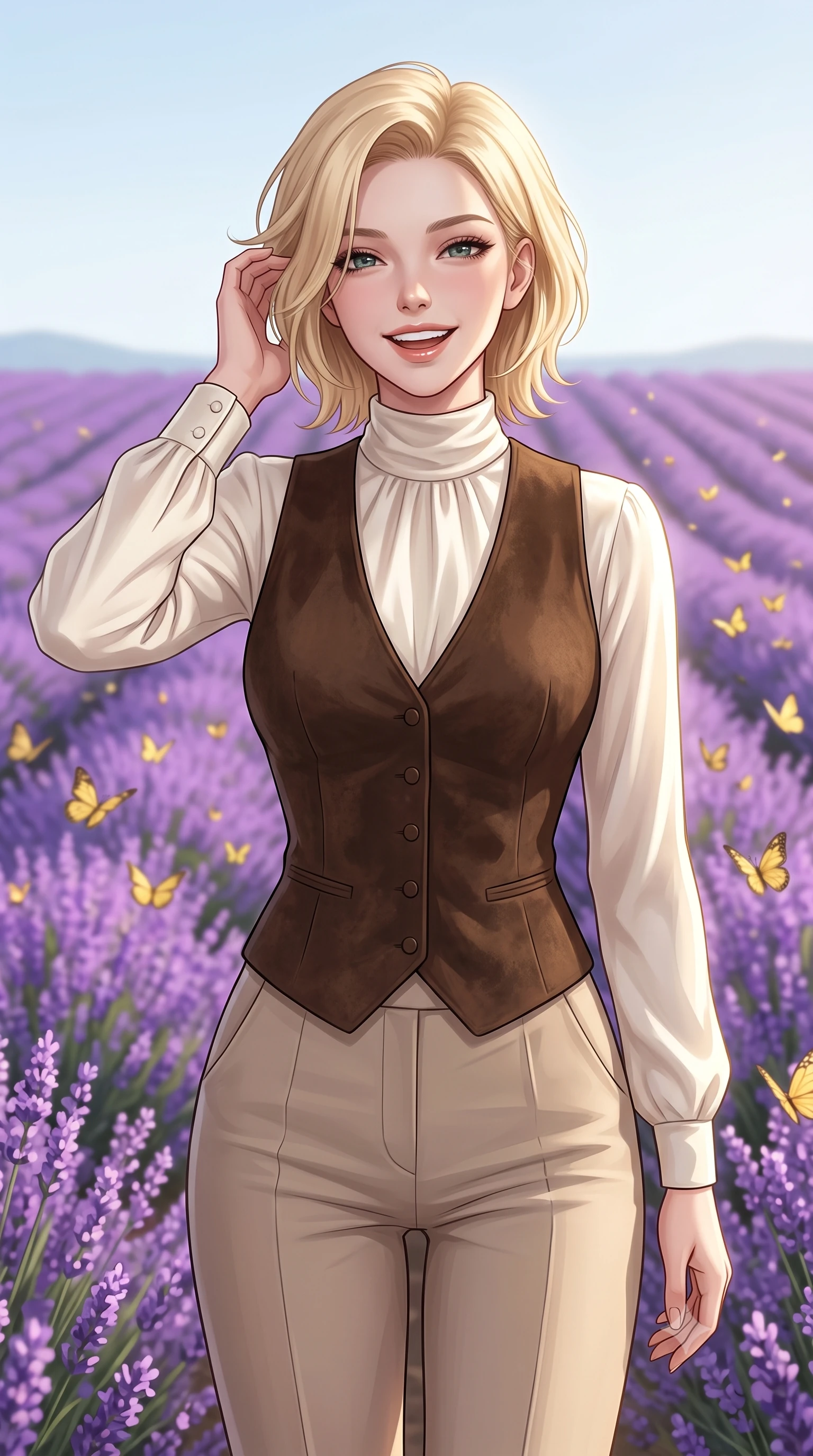 score_9, masterpiece, best quality, ultra-detailed, high-budget anime keyframe, editorial fashion photography, tasteful artistic composition, Caucasian woman, strictly human ears. close-up cowboy shot from the waist and thighs up, the character dominates the composition, filling the frame with her large presence, background elements kept in soft focus. Laughing softly while brushing a strand of hair behind her ear. set against a soft-focus background of in an endless rolling valley covered in blooming violet lavender under a clear sky, with swarms of yellow butterflies dancing over the flowers. She has an exceptionally elegant, slender, and willowy female figure with a highly-defined ultra-slim waist, a gracefully sculpted slender torso, and a refined slim-fit silhouette that contours her form. sharp v-shaped jawline, high-bridge nose, intricate jewel-like eyes with depth, thick eyelashes, glossy lips with a natural sheen. wearing a high-neck ivory silk blouse under a dark brown suede vest, paired with beige tailored trousers. soft glowing ambient light with sharp side key light tracing the sleek contours of her figure. 2k, ultra detail, master piece, 9:16 ratio
